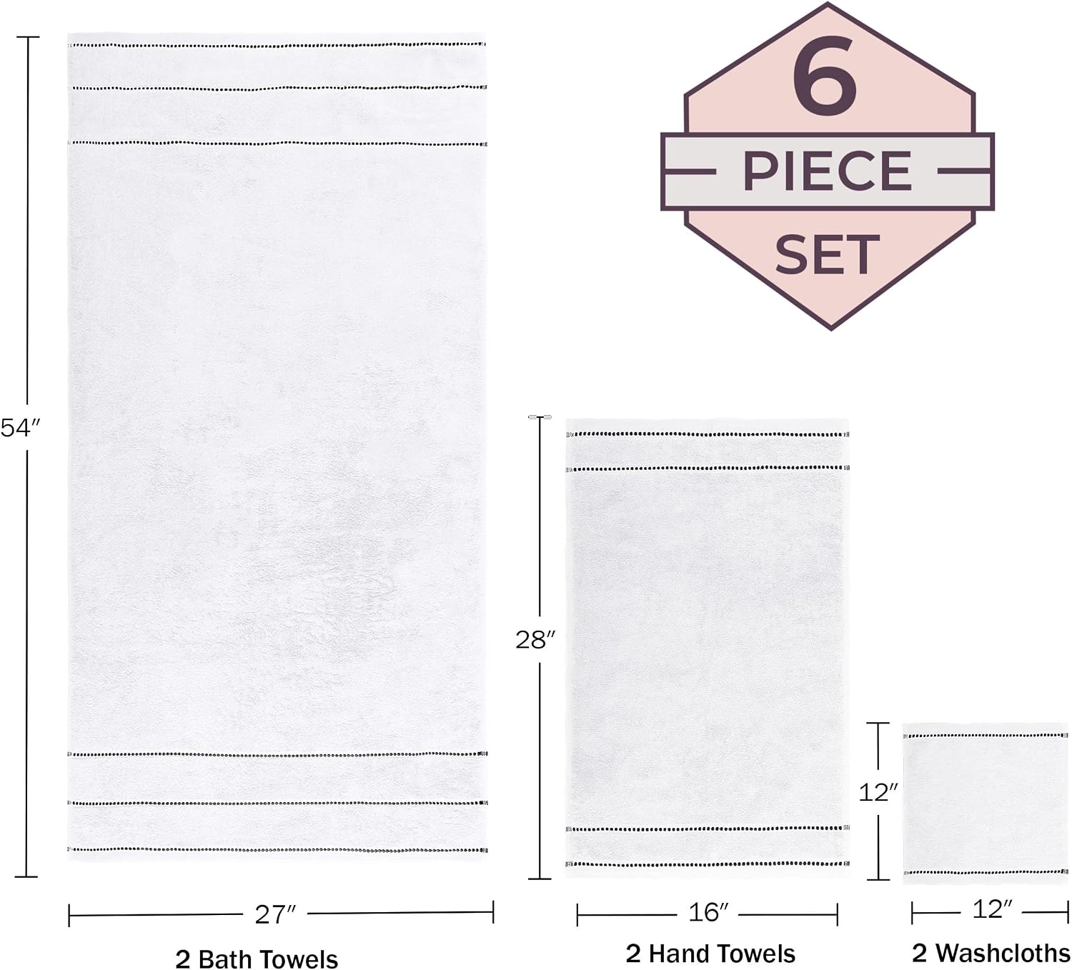 Lavish Home Bathroom Towels Set, Bathroom Accessories, White, Set of 6 | Includes 2 Bath Sheets, 2 Hand Towels, and 2