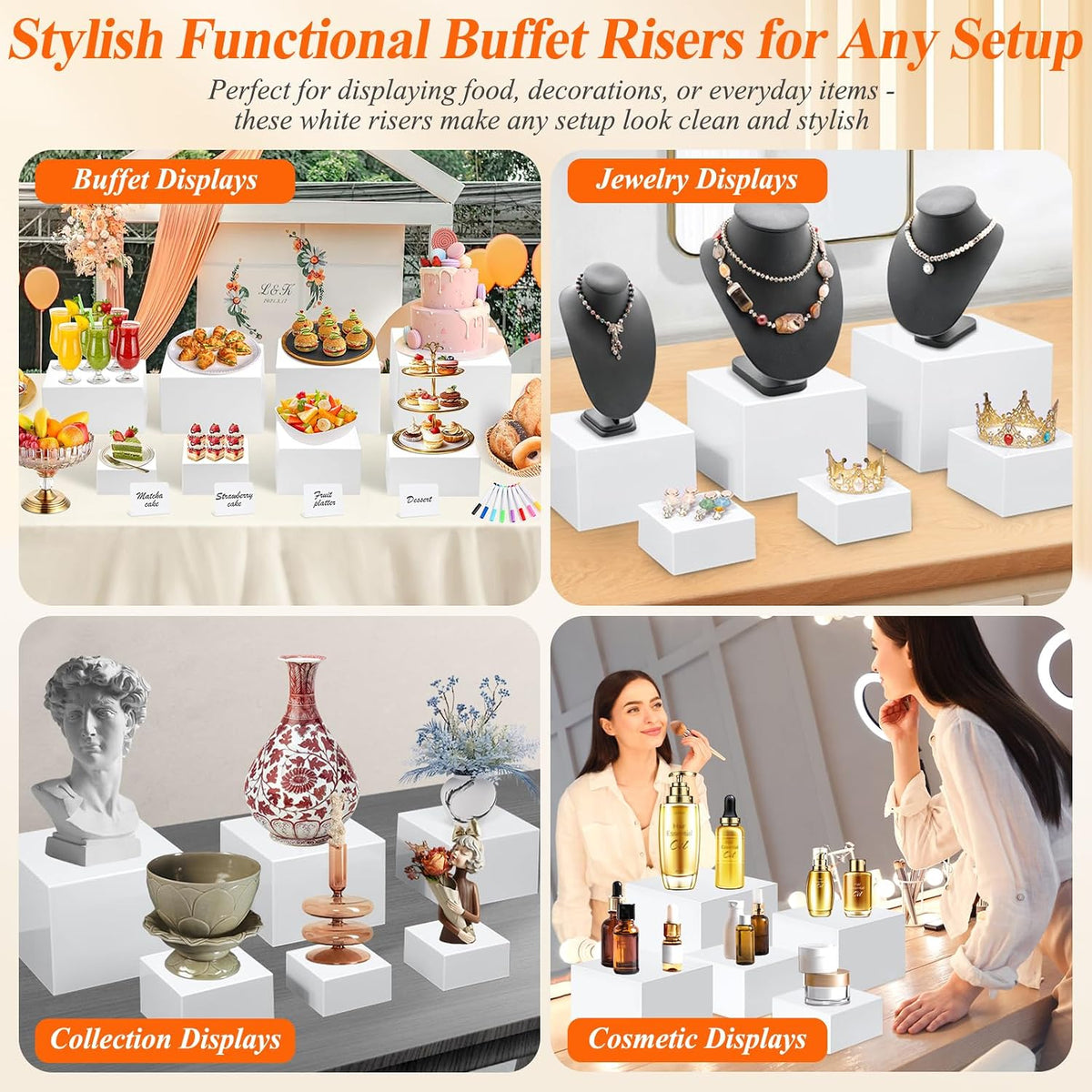 11 Pcs White Acrylic Buffet Risers and Stand with Mini Table Sign and Maker | Food Riser for Buffet Table Display Stand