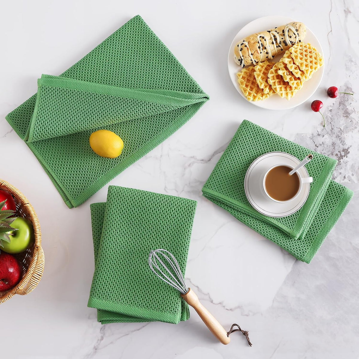 Homaxy 100% Cotton Oversized Waffle Weave Kitchen Towels 6-Pack | Grass Green, 20 x 28 Inches, Ultra Soft Absorbent