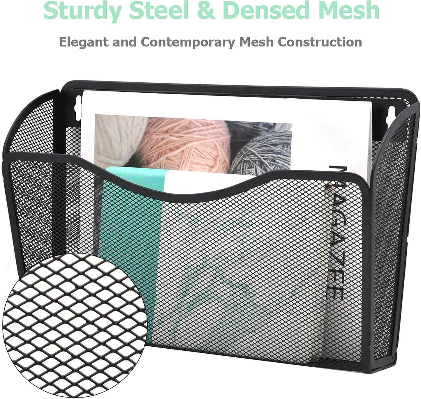 6 Single Pocket Mesh Hanging File Organizer, Vertical Wall Mounted Magazine File Holder, Mount Basket Mail Paper