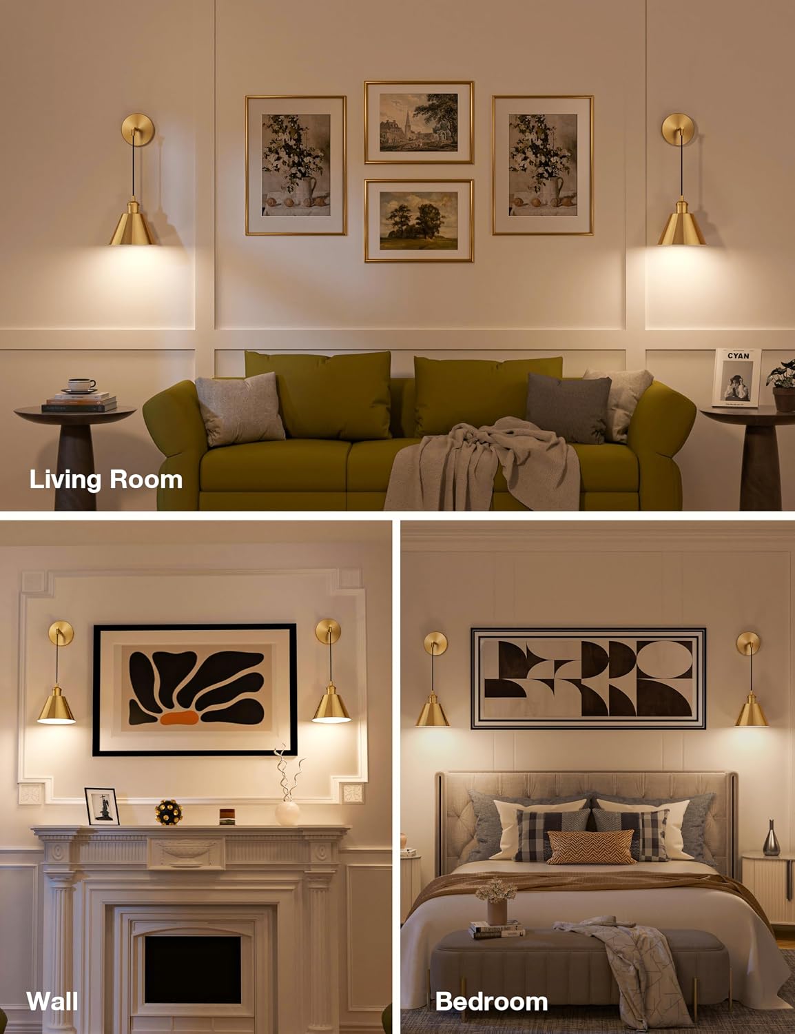 Brushed Gold Battery Operated Wall Sconce Set of 2, 5200mAh Dimmable Detachable Bulbs and Remote Wireless Rechargeable