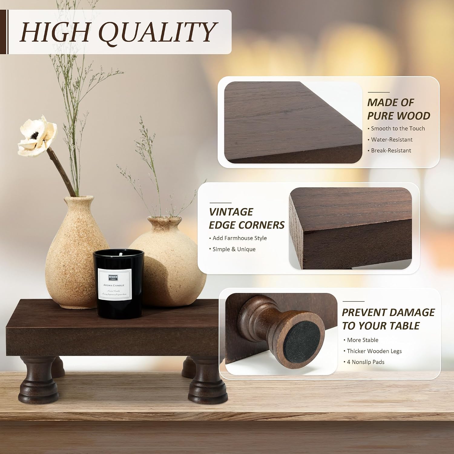 EOSAHR Wood Riser & Display Stand for Bathroom Counter Organizer, Brown | 8.5" Farmhouse Riser, Bathroom Vanity Decor