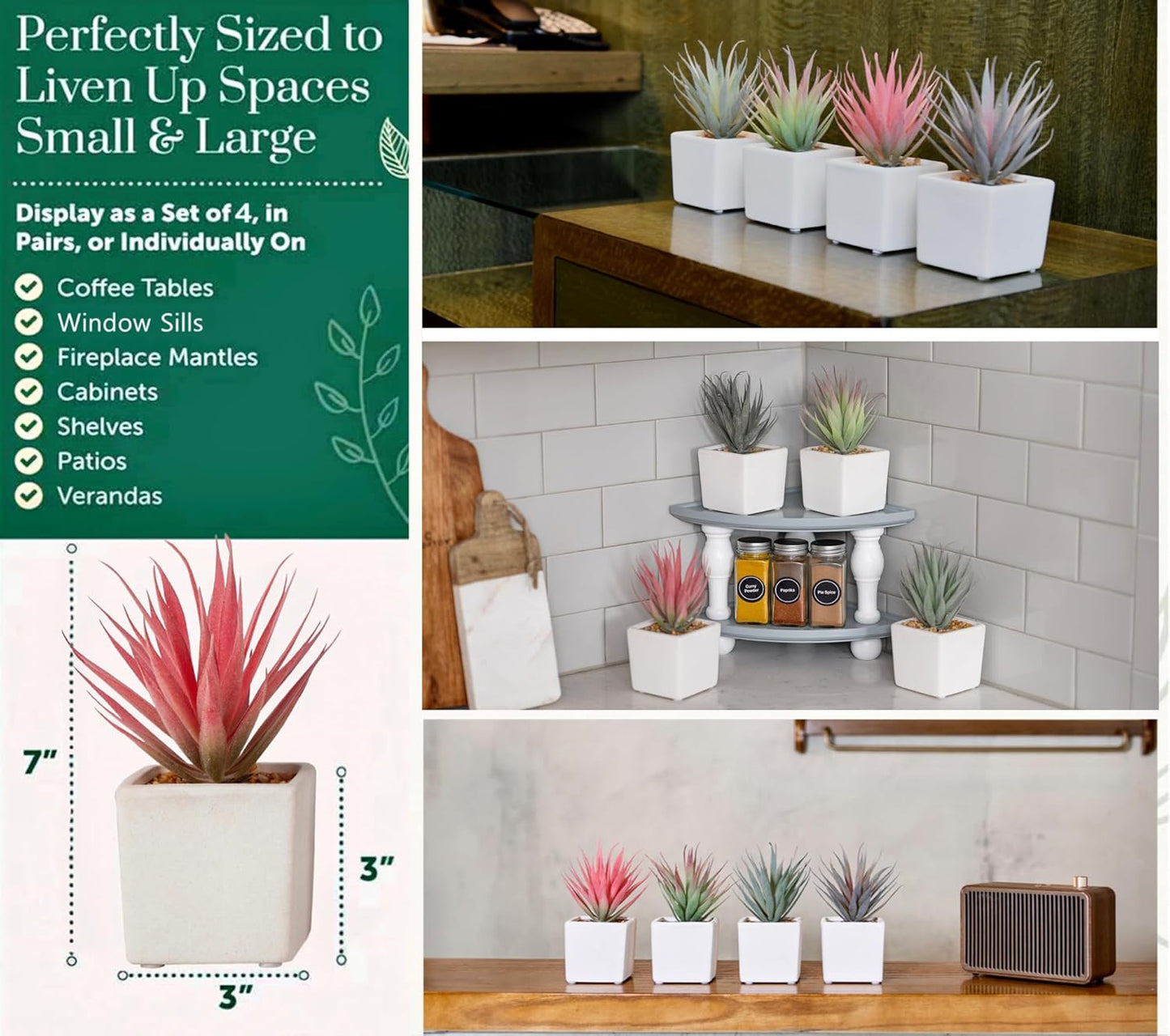 Faux Succulents 7" Tall in Ivory White Stucco Ceramic / White, Pink, Green. / Set of 4