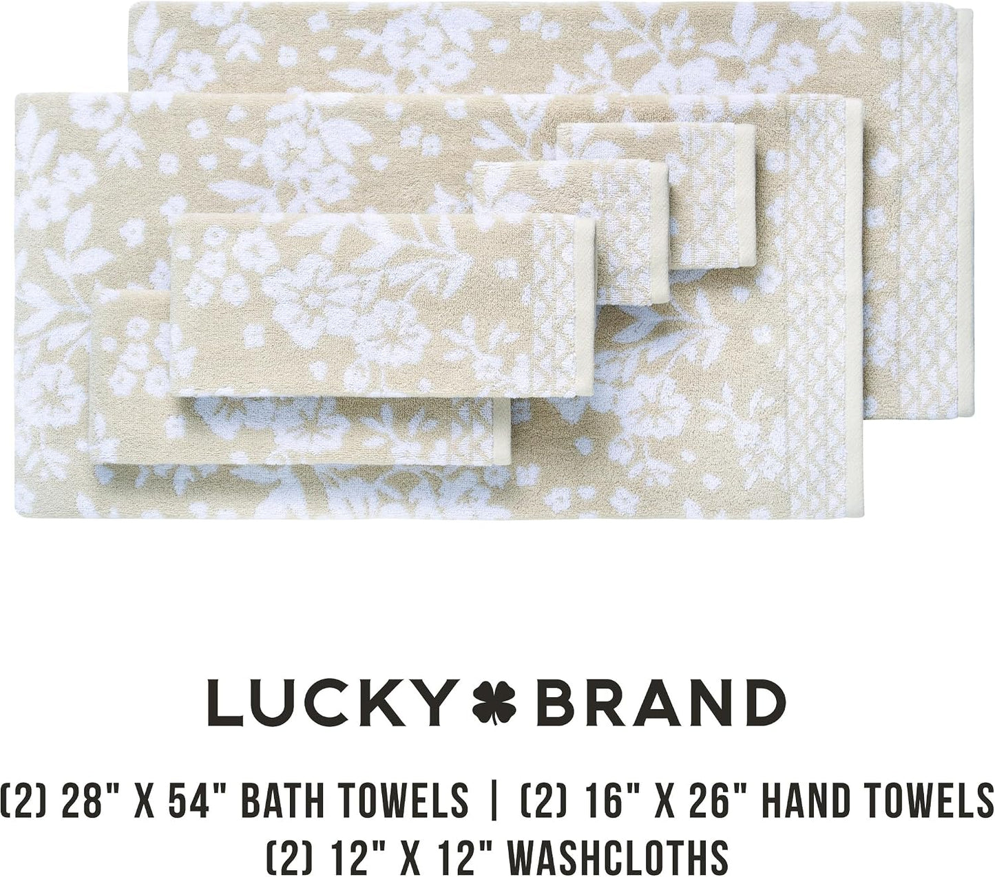 Lucky Brand Folk Floral 6 Piece Bath Towel Set - (2) Bath Towels, (2) Hand Towels, and (2) Washcloths - Beige Taupe
