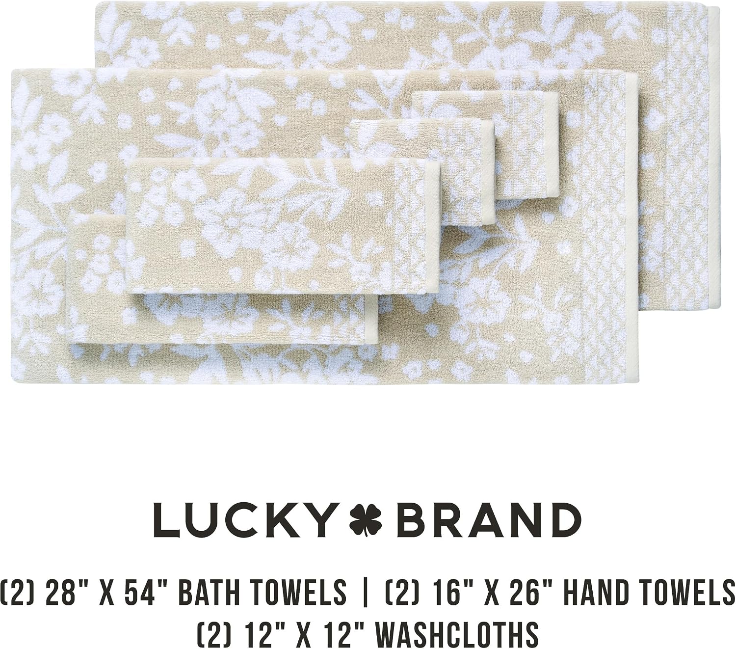Lucky Brand Folk Floral 6 Piece Bath Towel Set - (2) Bath Towels, (2) Hand Towels, and (2) Washcloths - Beige Taupe