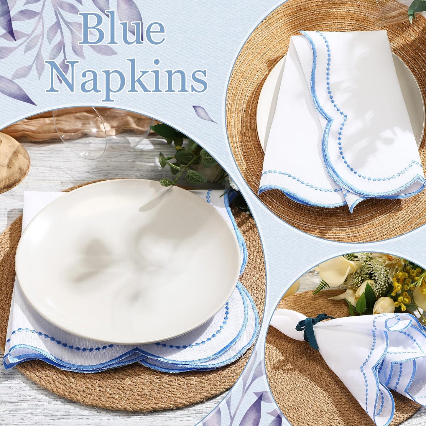Hahafelt 12 Set Cloth Napkins 18x18inches Scalloped Embroidery Cloth Napkins Washable Polyester Table Dinner for Hotel