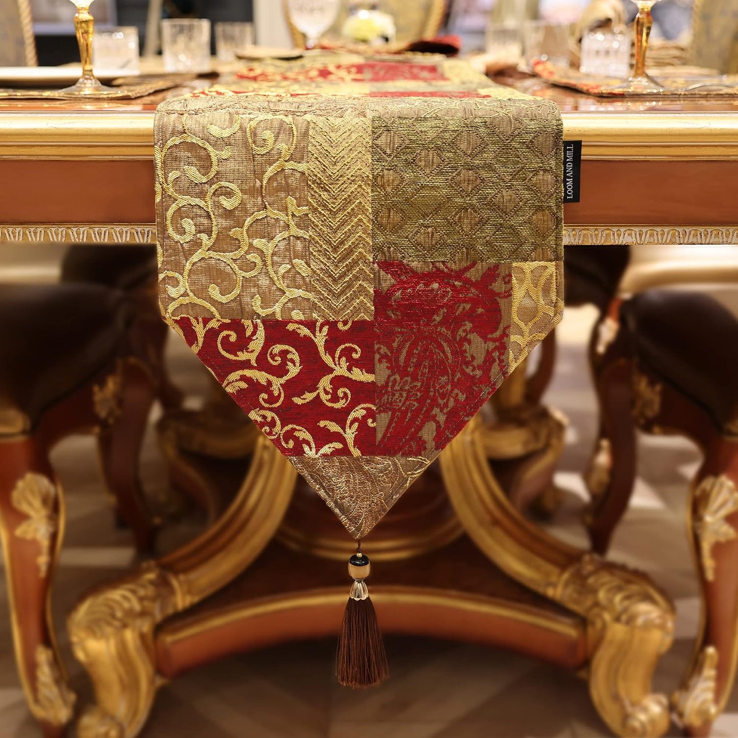 Loom and Mill Luxury Jacquard Table Runner 13x72 inch, Triangle-Red Gold | Patchwork Design Chenille Dining Table