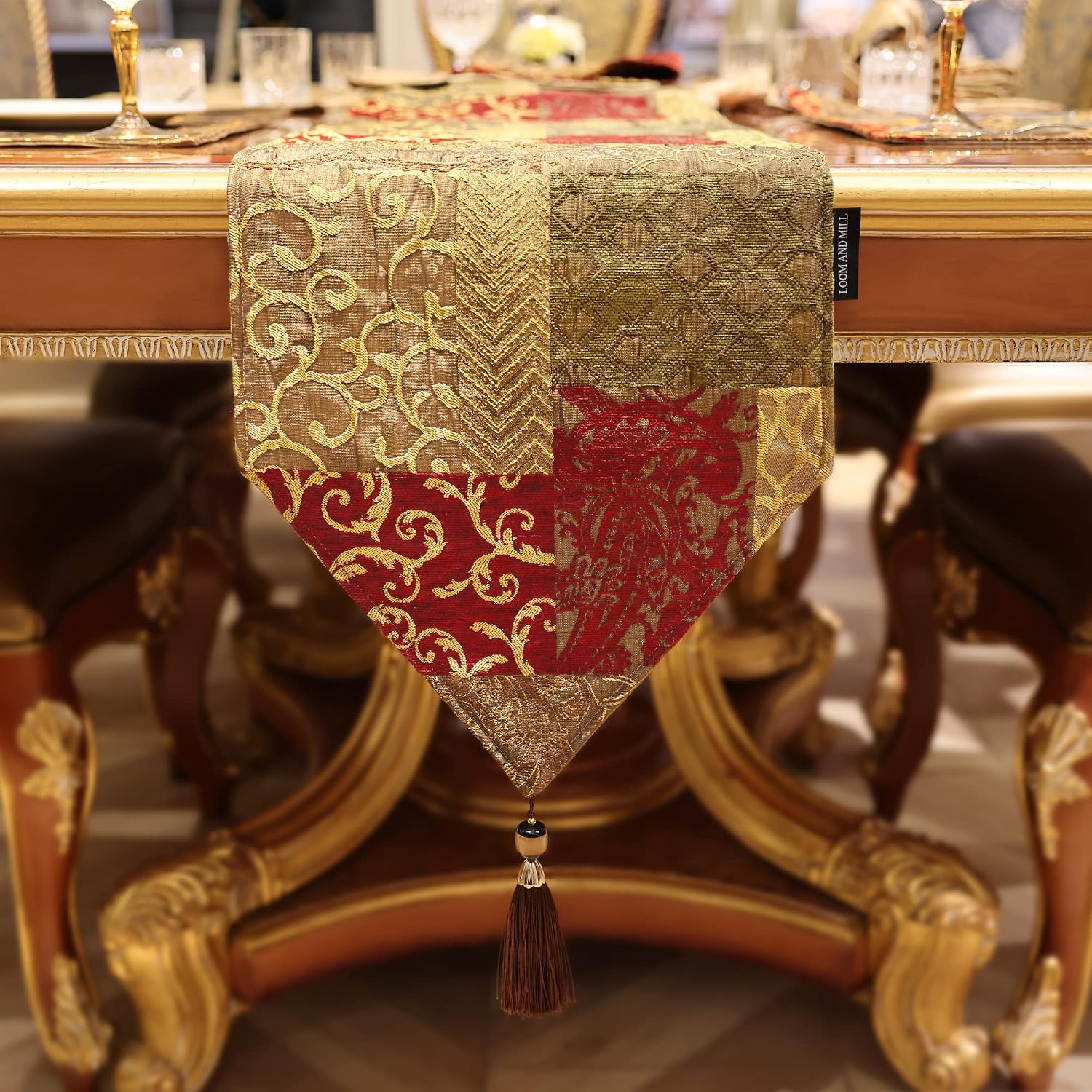 Loom and Mill Luxury Jacquard Table Runner 13x72 inch, Triangle-Red Gold | Patchwork Design Chenille Dining Table