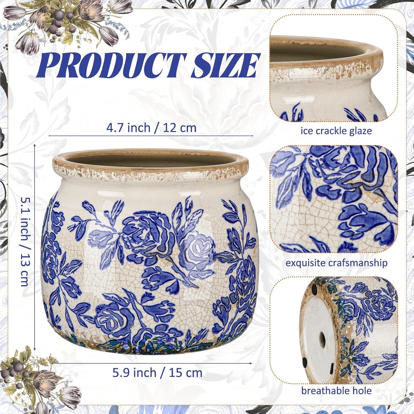 Vintage Chinoiserie Planter Large Ceramic Plant Pot / Blue Rose / Beige and Blue