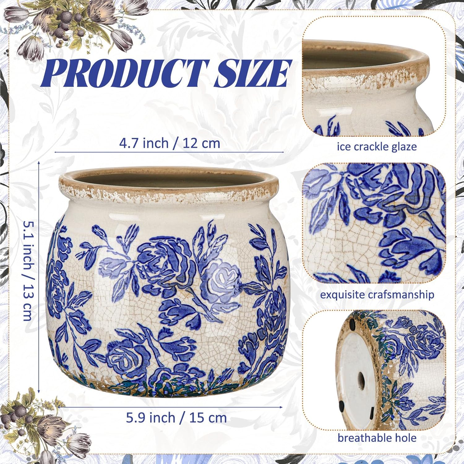 Vintage Chinoiserie Planter Large Ceramic Plant Pot / Blue Rose / Beige and Blue