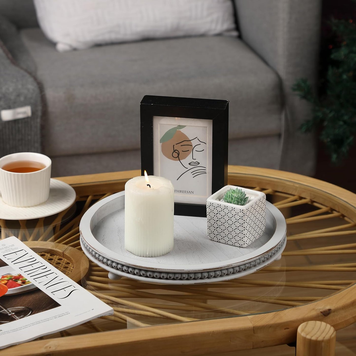 Wooden Round Tray / Light Gray