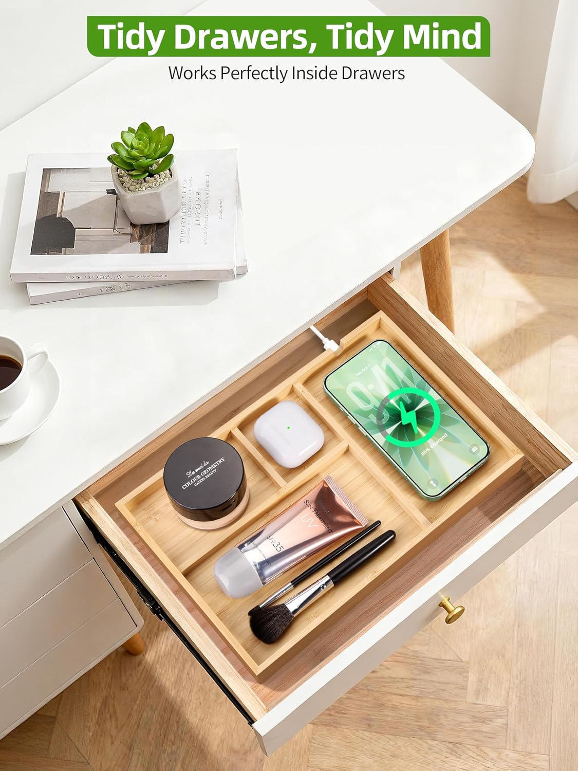Bamboo Valet Tray with Dual Wireless Charger - EDC Nightstand Organizer for Men - Desk Tray & Catchall for Phone