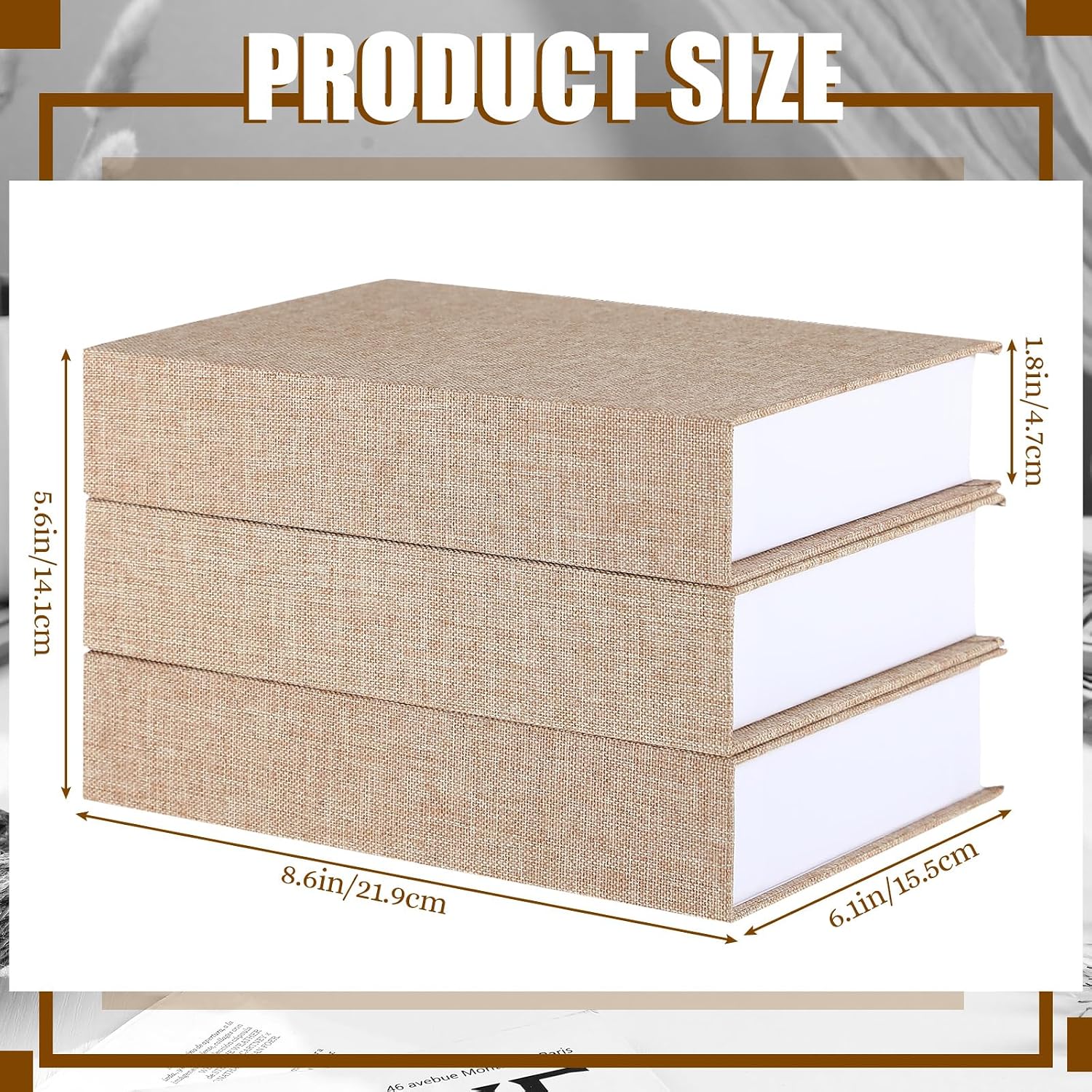 Fake Book Box Neutral Linen Book Box Decorative Faux Prop / 8.6 x 6.1 x 1.8 / Khaki / Set of 3