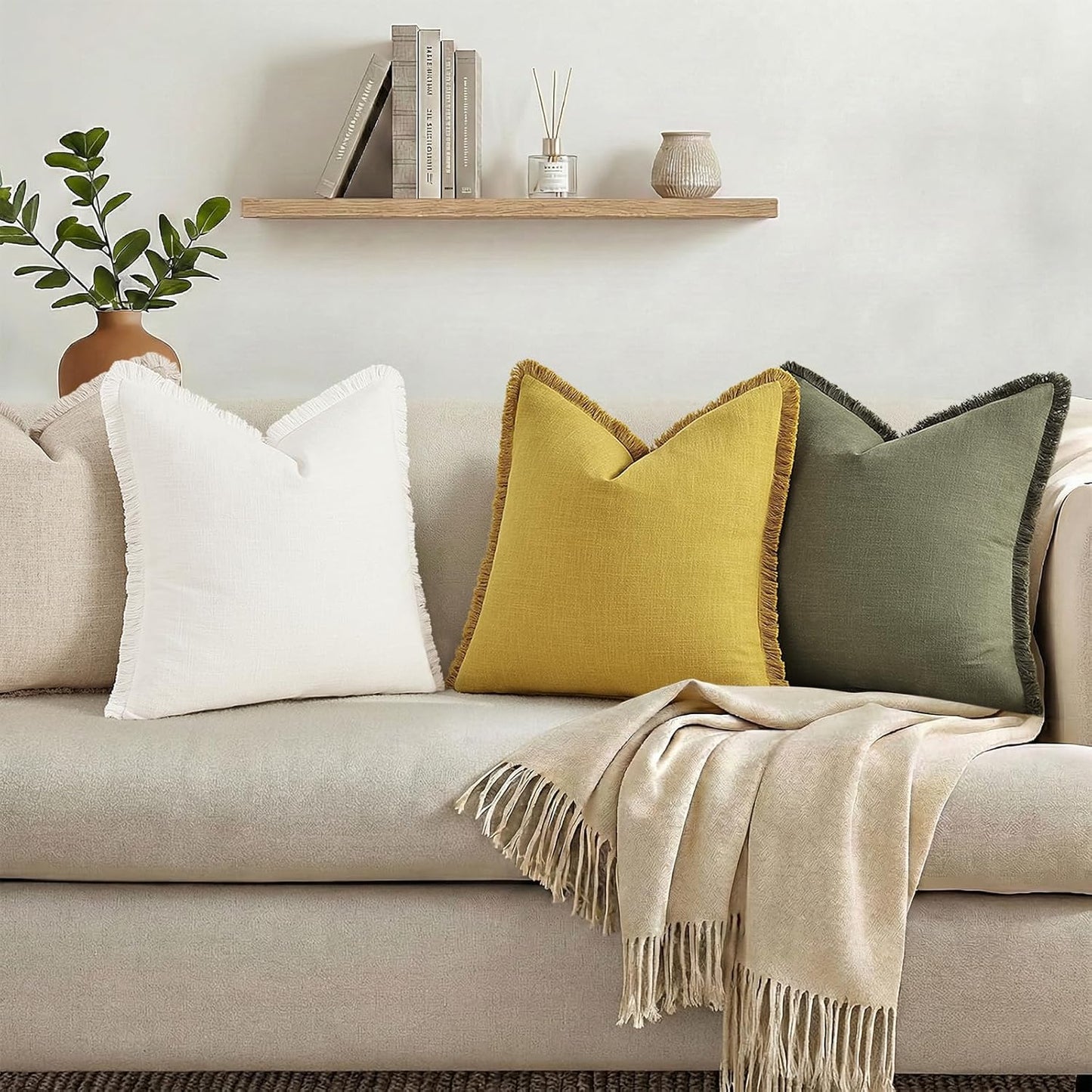 Summer Decorative Neutral Linen Fringe Throw Pillow Covers Pillow / Cream White / 18 x 18 / Set of 2