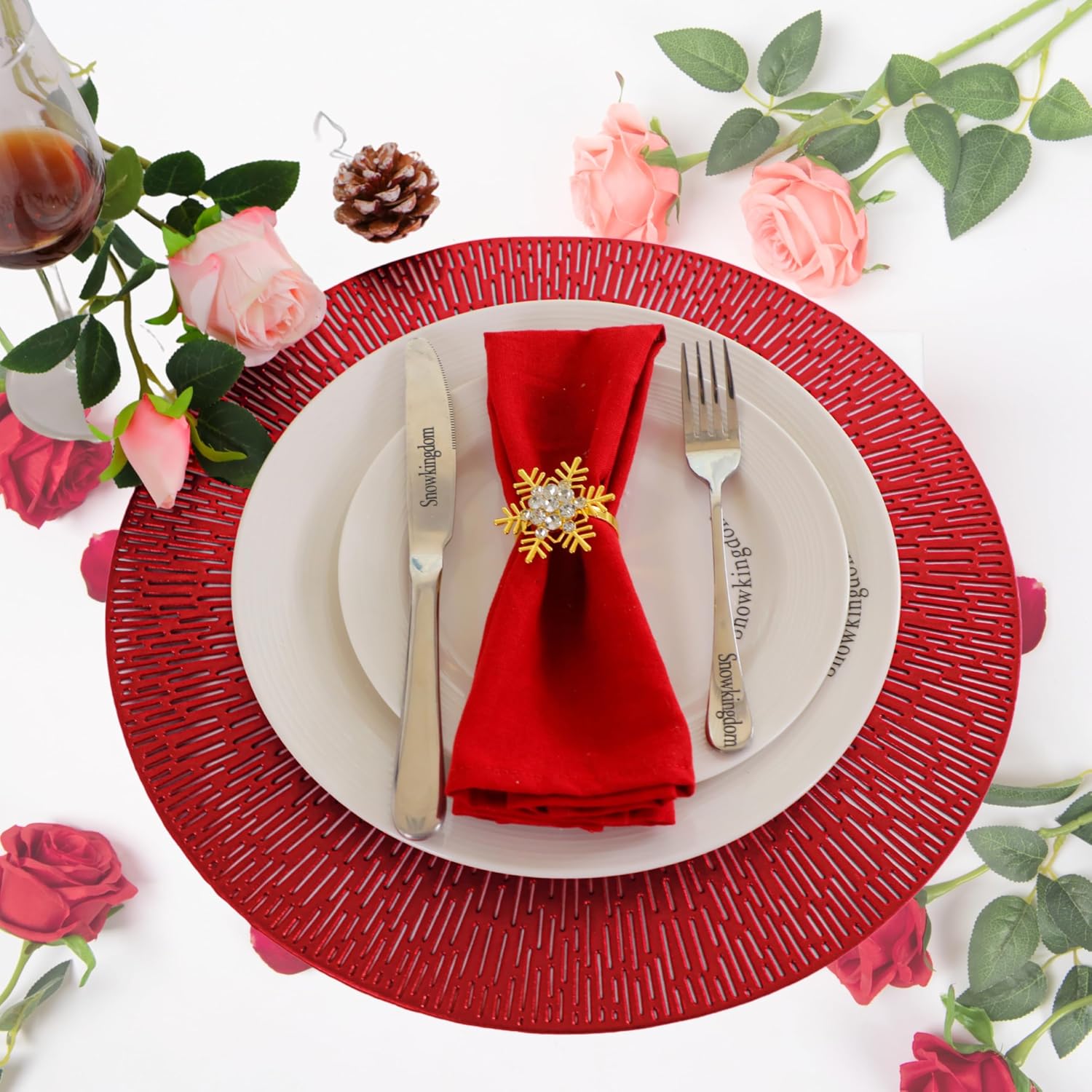 Snowkingdom Red Valentines Placemats Set of 18, Round Vinyl Hollow 15 Inch Metallic Place mats, Washable Wipeable Non