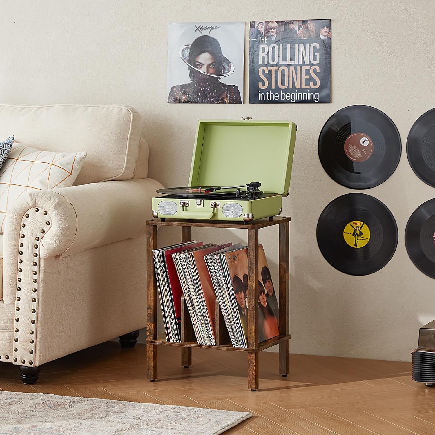 2-Tier Record Player Stand for Vinyl Records Storage End Table | Small Vinyl Record Holder Storage up to 100 Albums
