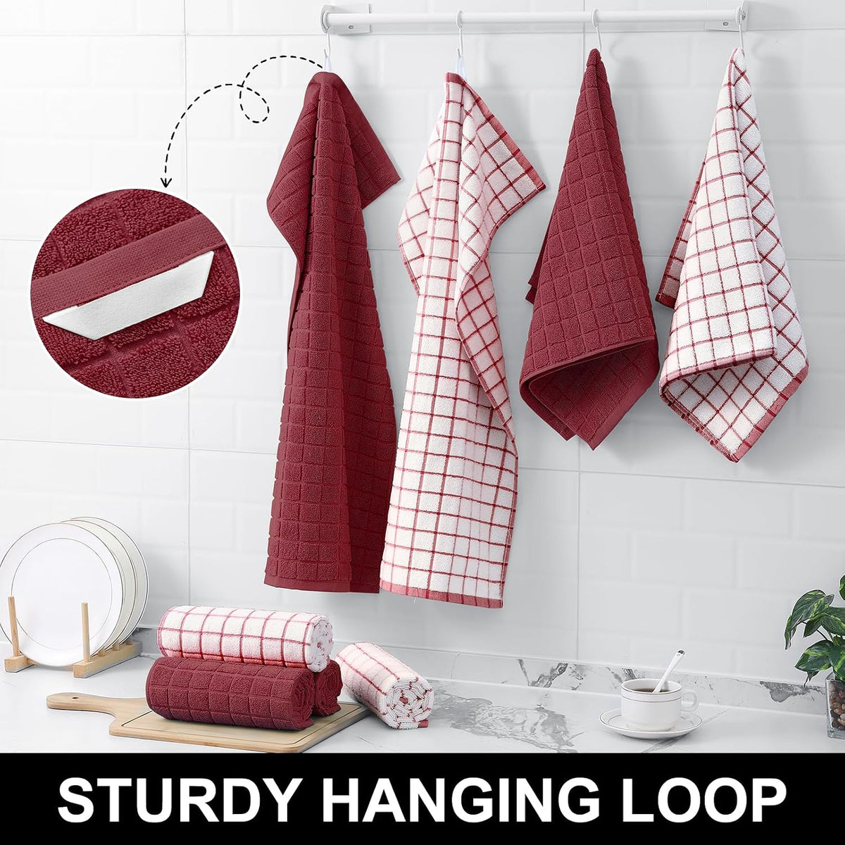Homaxy Large Premium Cotton Kitchen Towels 16"x 28", 12 Pack, Red | Natural Ring Spun 390 GSM Dish Towels, Super