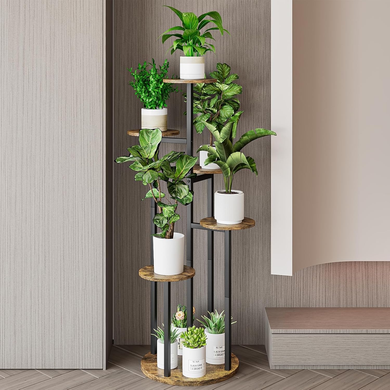 INGIORDAR 6 Tier Plant Stand Indoor Corner Tiered Holder Shelf Display Rack | Multiple Plants with MDF Top Board Metal