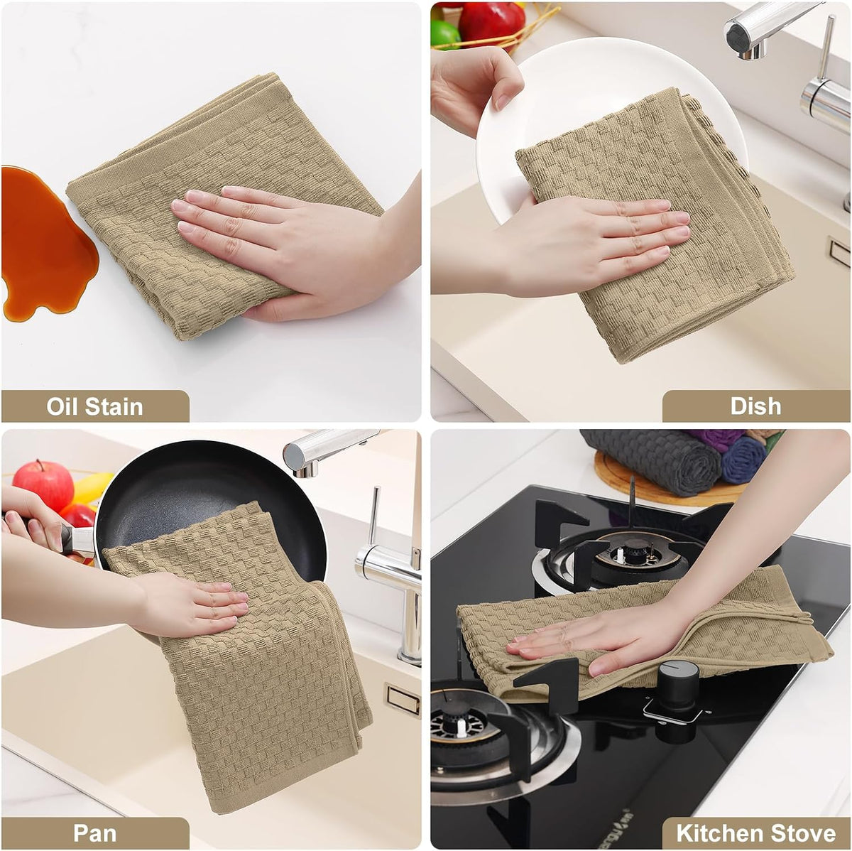 Homaxy 100% Cotton Terry Kitchen Towels(15" x 25", 12 Pack), Tan | Soft and Super Absorbent Dish Towels, 380 GSM