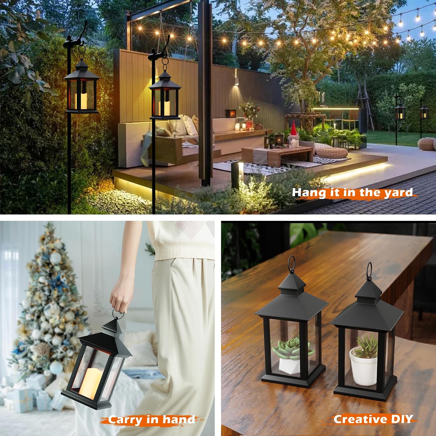 14" Lanterns Decorative Indoor/Outdoor, 2 Pack Black Lantern Decor with Timer Candle, Waterproof Battery Operated