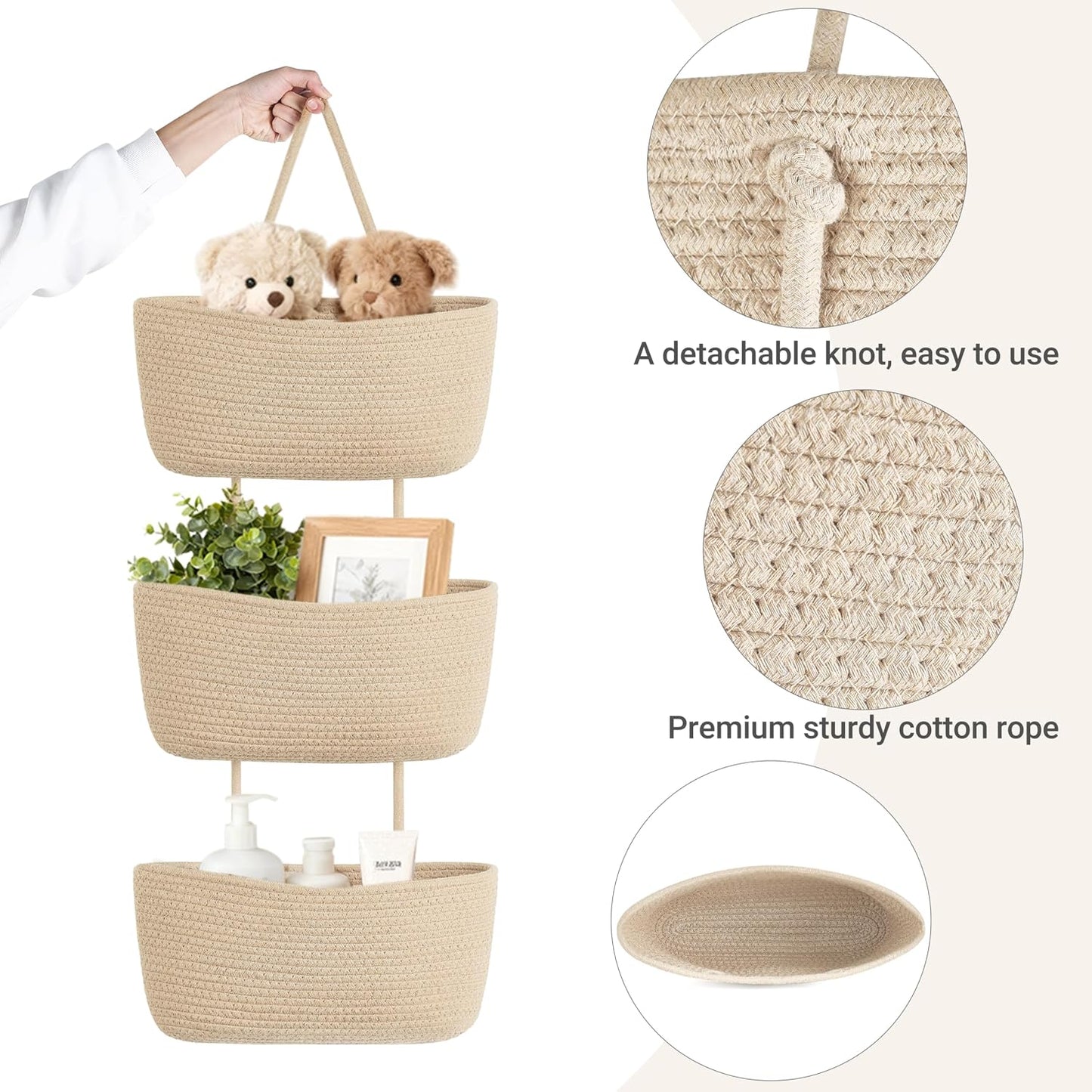 Over The Door Hanging Basket Woven Boho Wall Mounted Storage Organizer / Jute / 3-tier