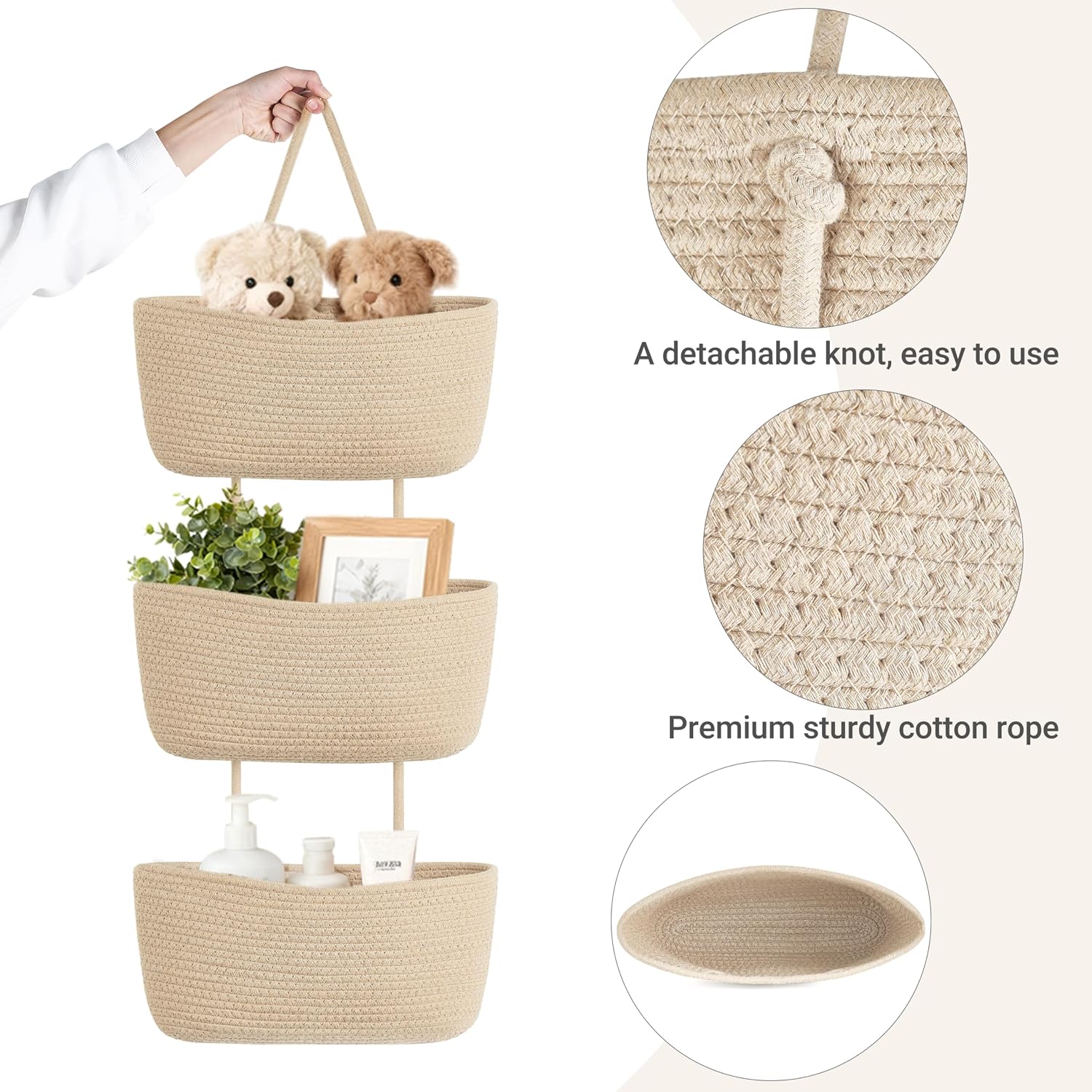 Over The Door Hanging Basket Woven Boho Wall Mounted Storage Organizer / Jute / 3-tier