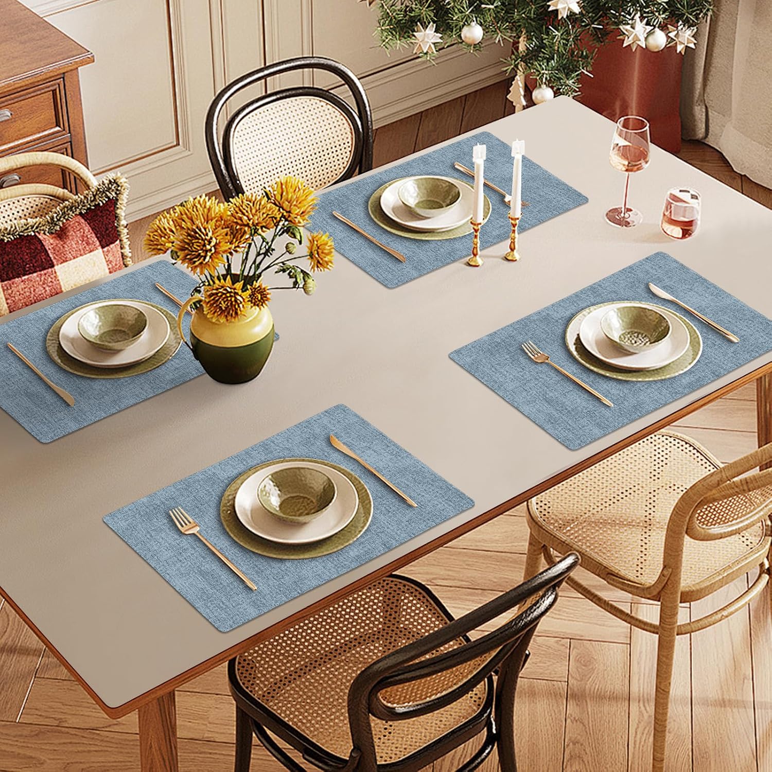 Faux Leather Heat Resistant Placemats Set of 8 – Waterproof Oilproof Wipeable Dining PU Vinyl Place Mat Easy Clean