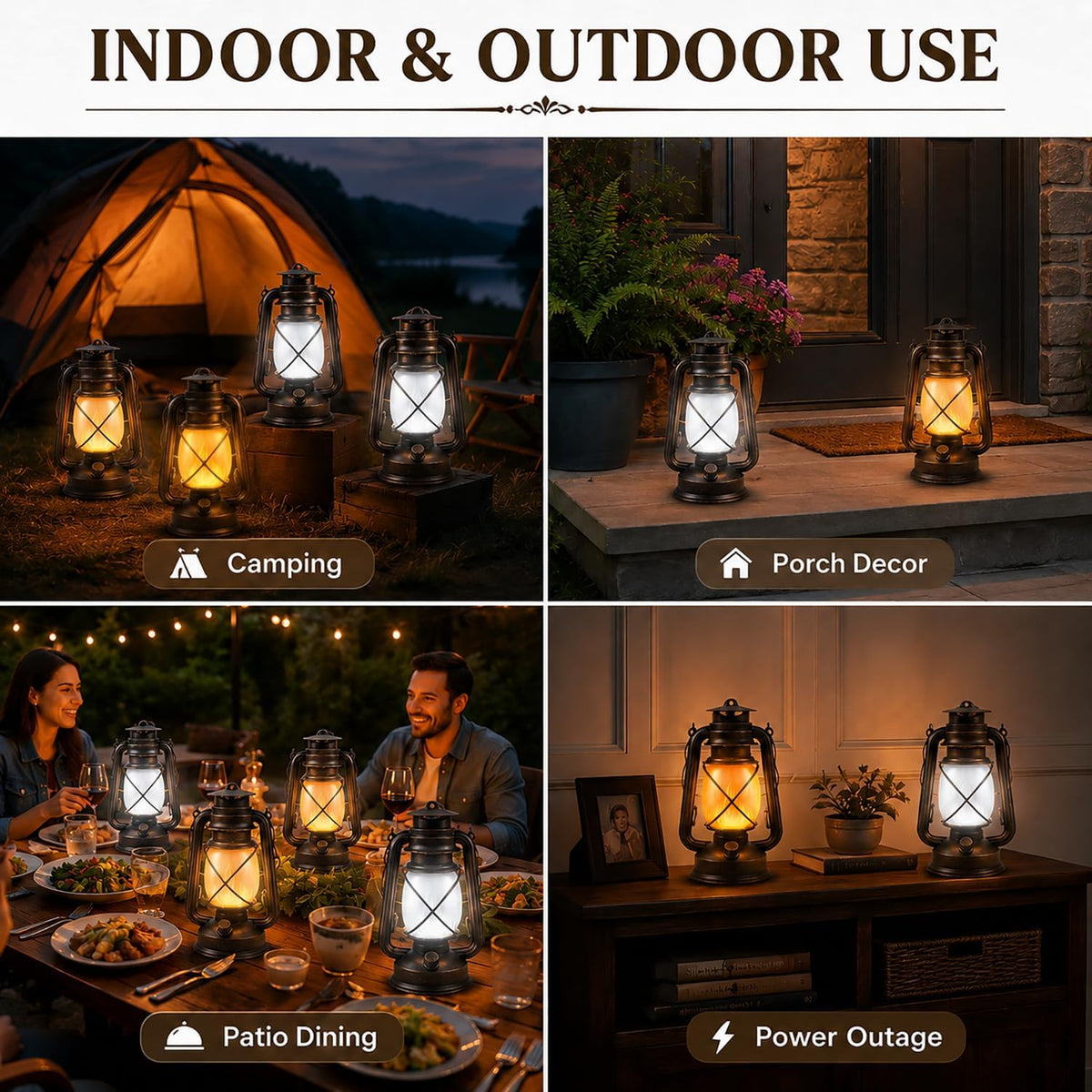 Rechargeable LED Lanterns 4 Pack, USB Charging Vintage Bronze Camping Lamps with Flickering Flame, Remote Control 4