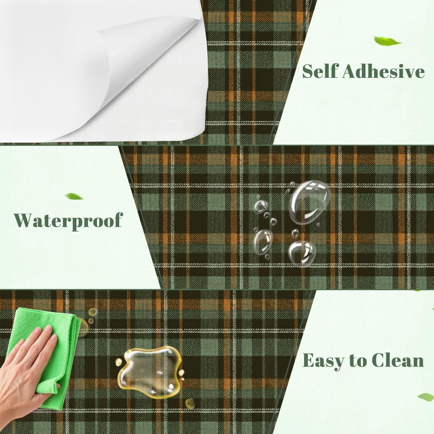 Peel and Stick Wallpaper Plaid green Herringbone textured seamless / Multi8 / 24 x 118 / Brown