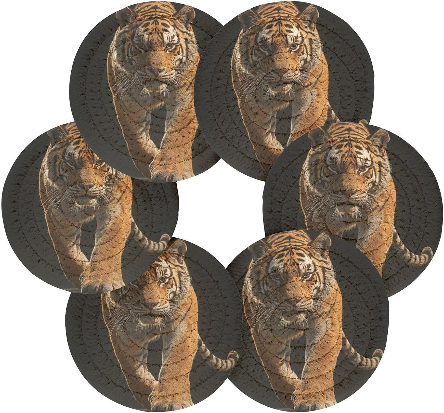 Coasters for Drinks Walking Tiger Pattern Absorbing Round Table Mat for Mugs and Cups / Multi 10