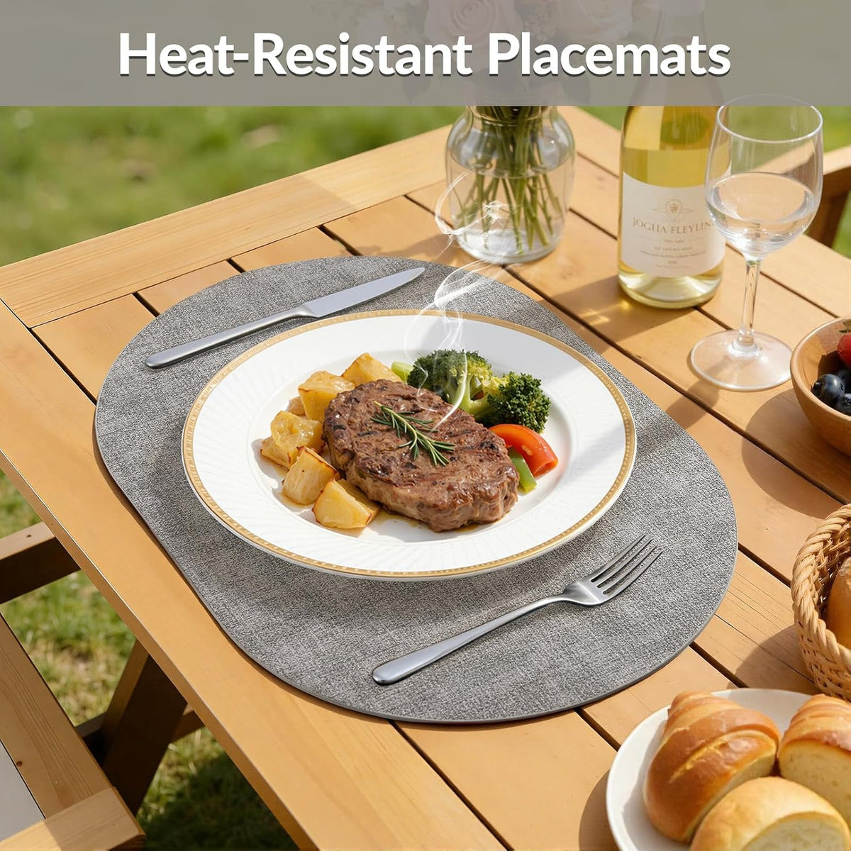 Placemats Set of 8, 11.8 x 17 Inch, Light Grey | Heat Resistant Oval Faux Leather Place Mats, Waterproof Wipeable