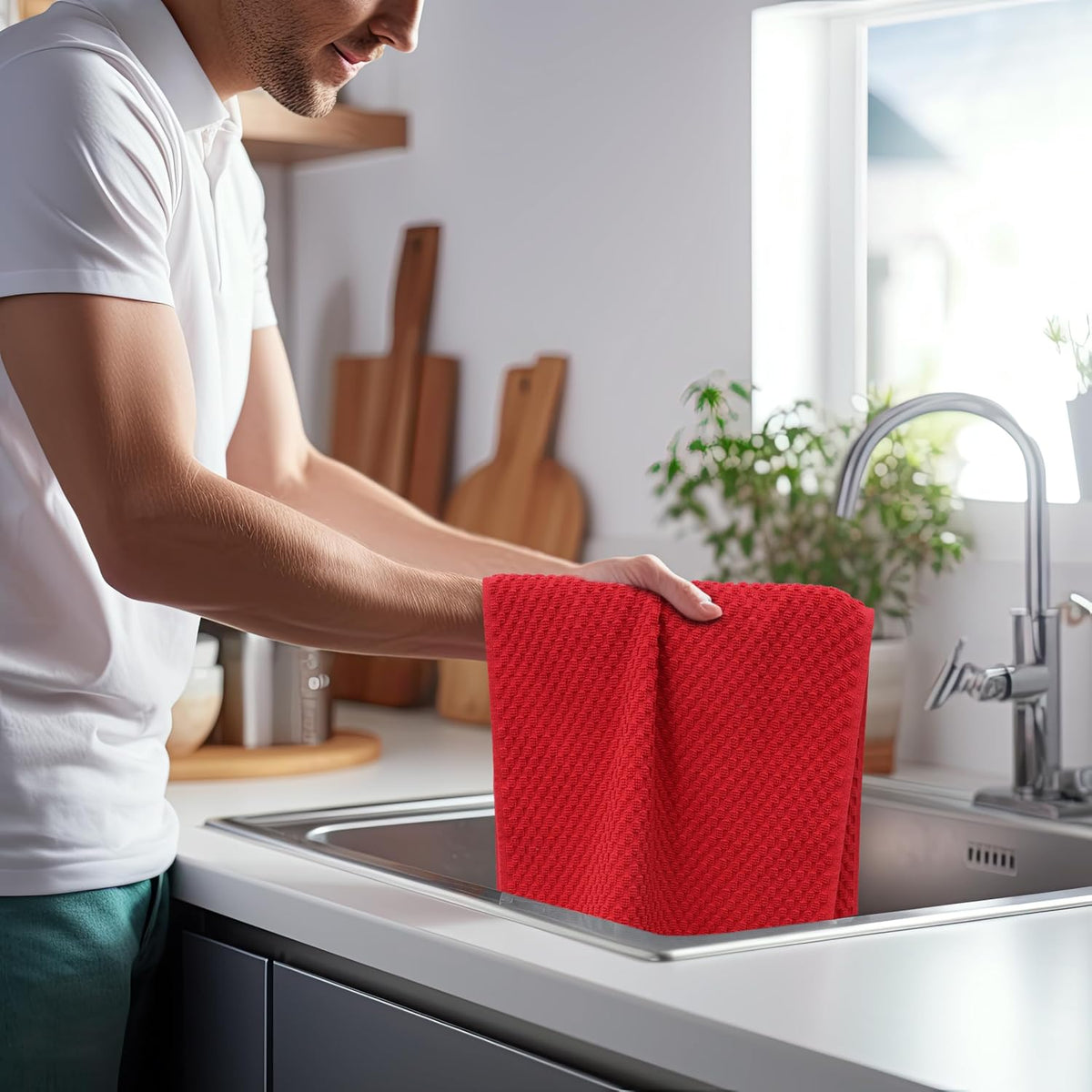 COTTON CRAFT Amazing Kitchen Towels - 8 Pack 100% Cotton Waffle Terry Towel | Teal, Orange, Red, Green - 16x28 Euro