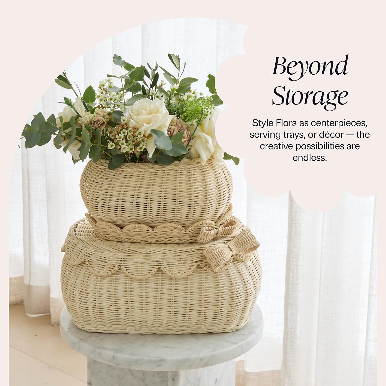 The Original Scalloped Bow Basket / Natural with Bow / 15 x 11 x 6 / Set of 2