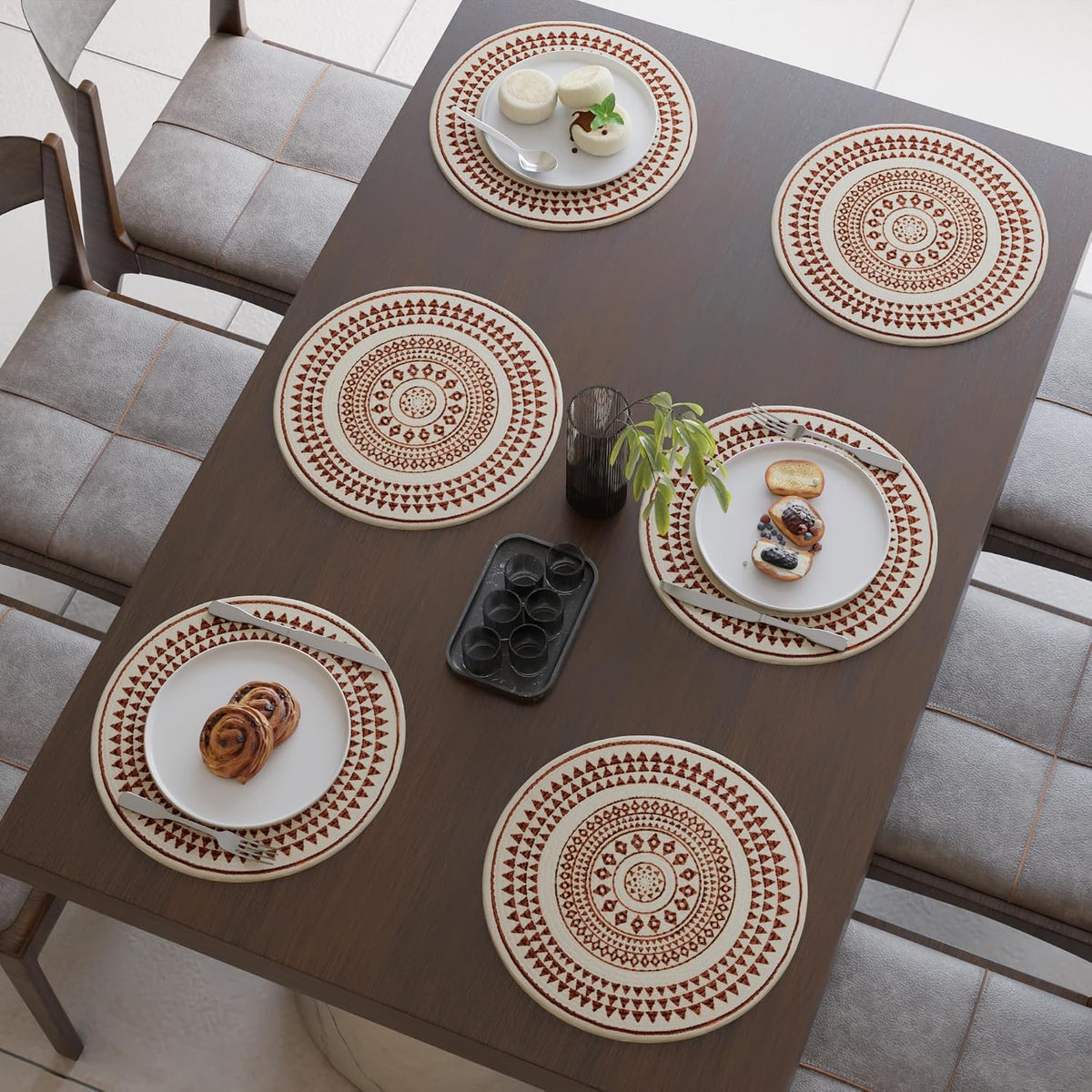 Encasa XO Dining Placemats, Cotton Round Table Mats 13" Maroon Mandala-3 Print