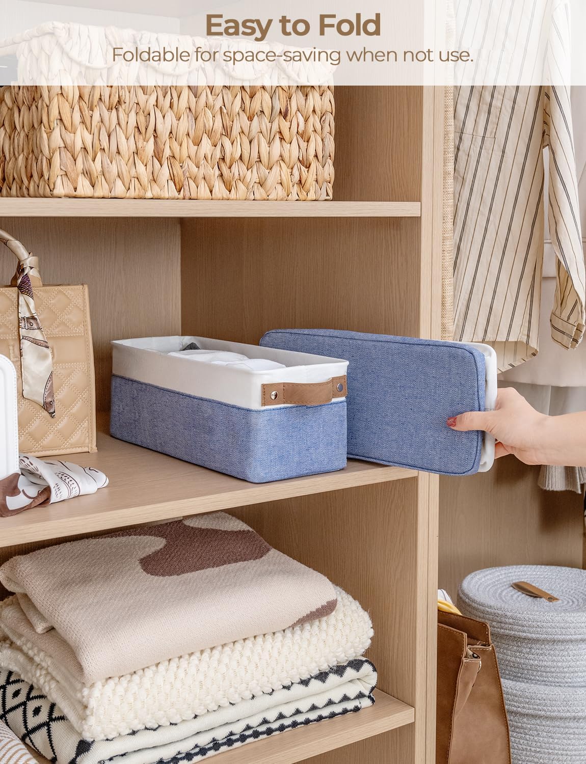 Fabric Organizer / Narrow Storage Bins / Blue and White / 15"L x 6"W x 5"H