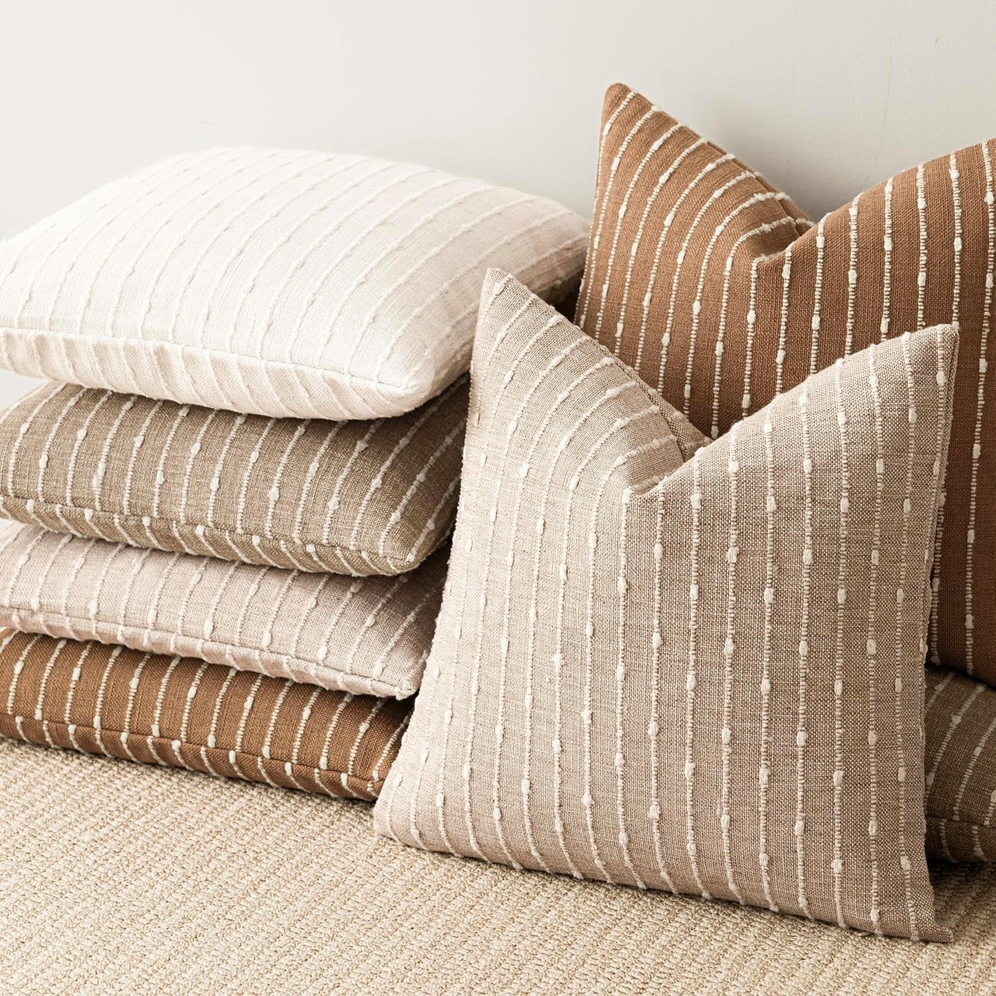 Decorative Jacquard Boucle Throw Pillow Covers Accent Textured / 18 x 18 / Natural Beige / Set of 2