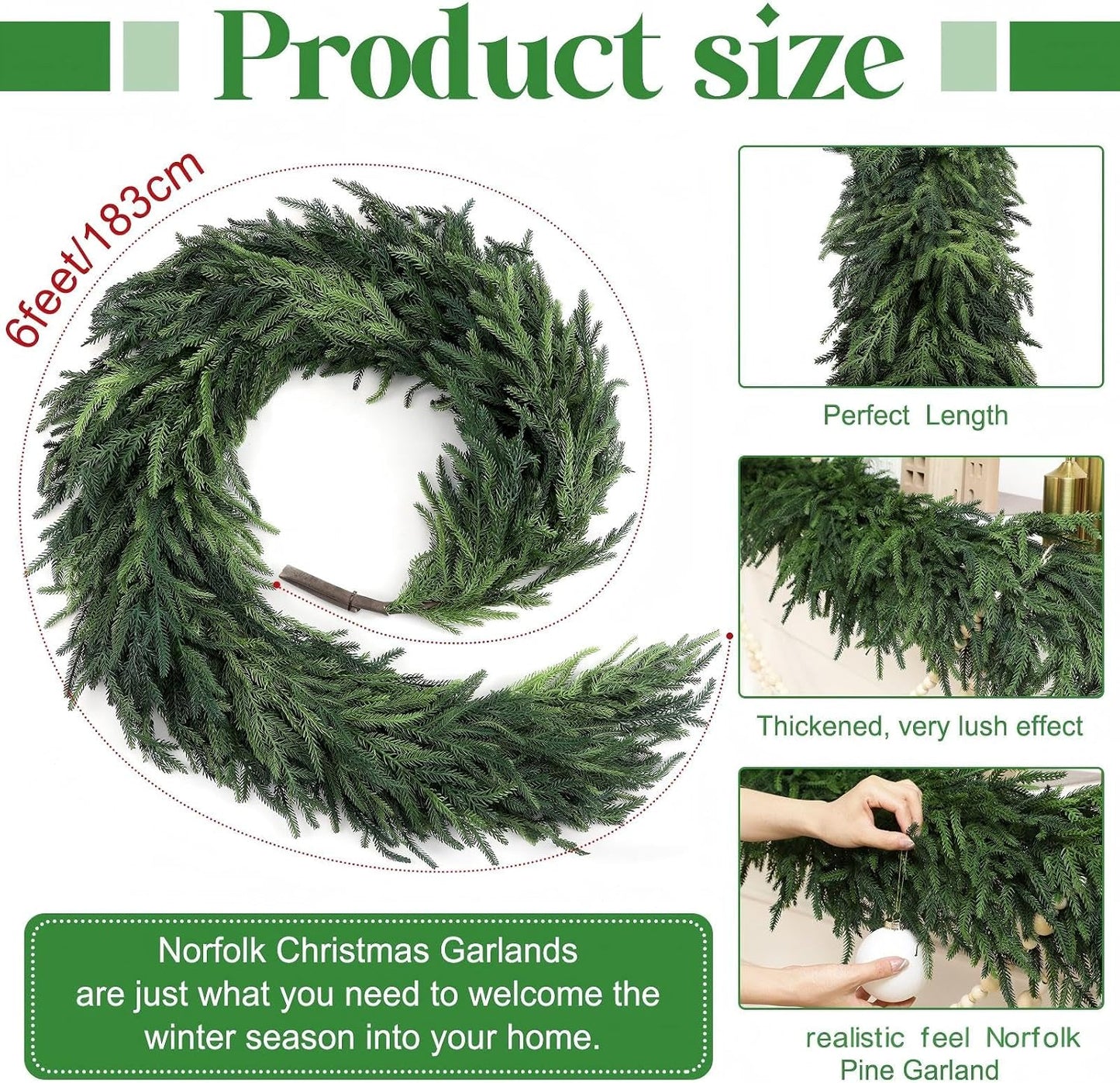 2 Pcs 6 Feet Christmas Artificial Deluxe Norfolk Pine Garlands Realistic Norfolk Pine Faux Greenery Garlands for