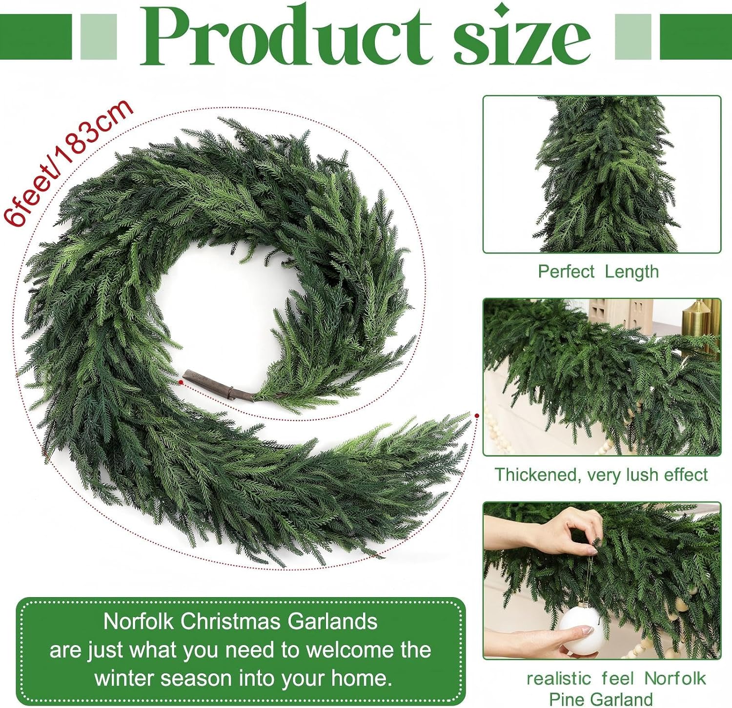 2 Pcs 6 Feet Christmas Artificial Deluxe Norfolk Pine Garlands Realistic Norfolk Pine Faux Greenery Garlands for