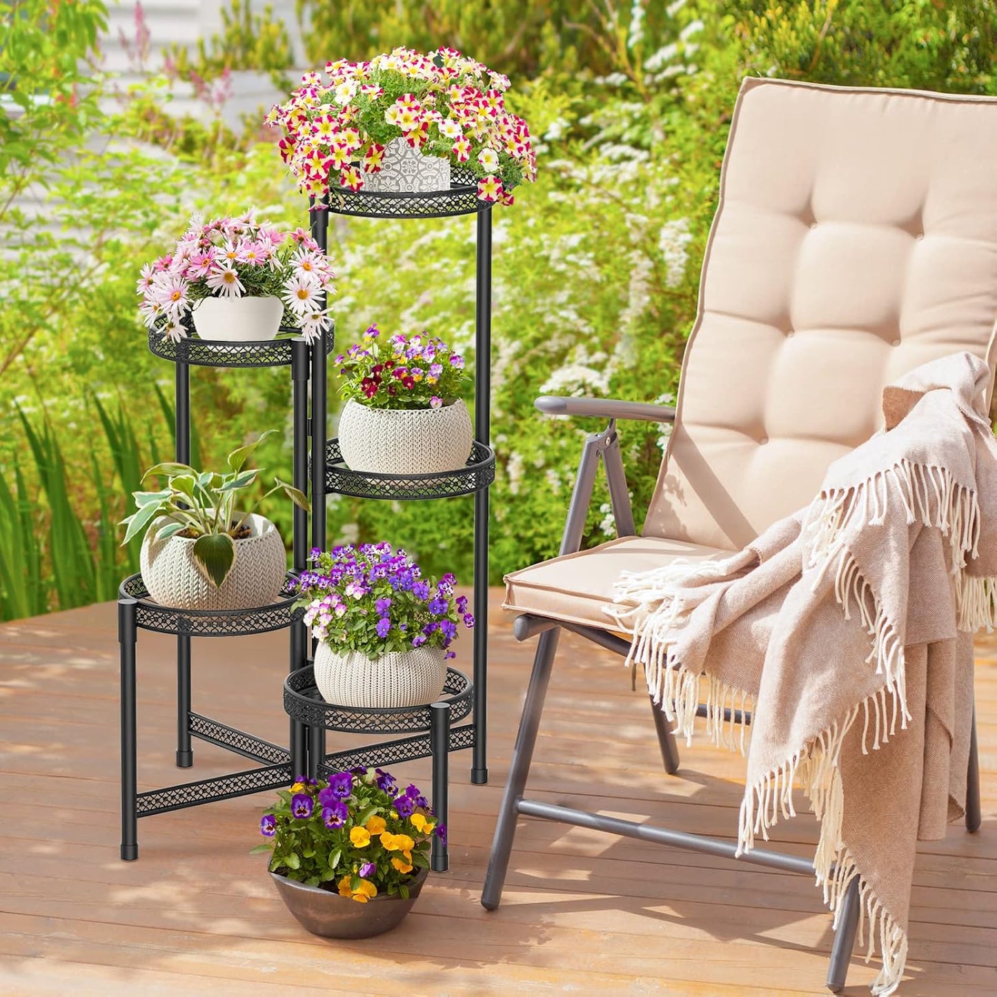 iDavosic.ly Plant Stand Indoor Outdoor, 5 Tier Iron Corner Shelf, Black | Tiered Tall Flower Display Holder, Folding