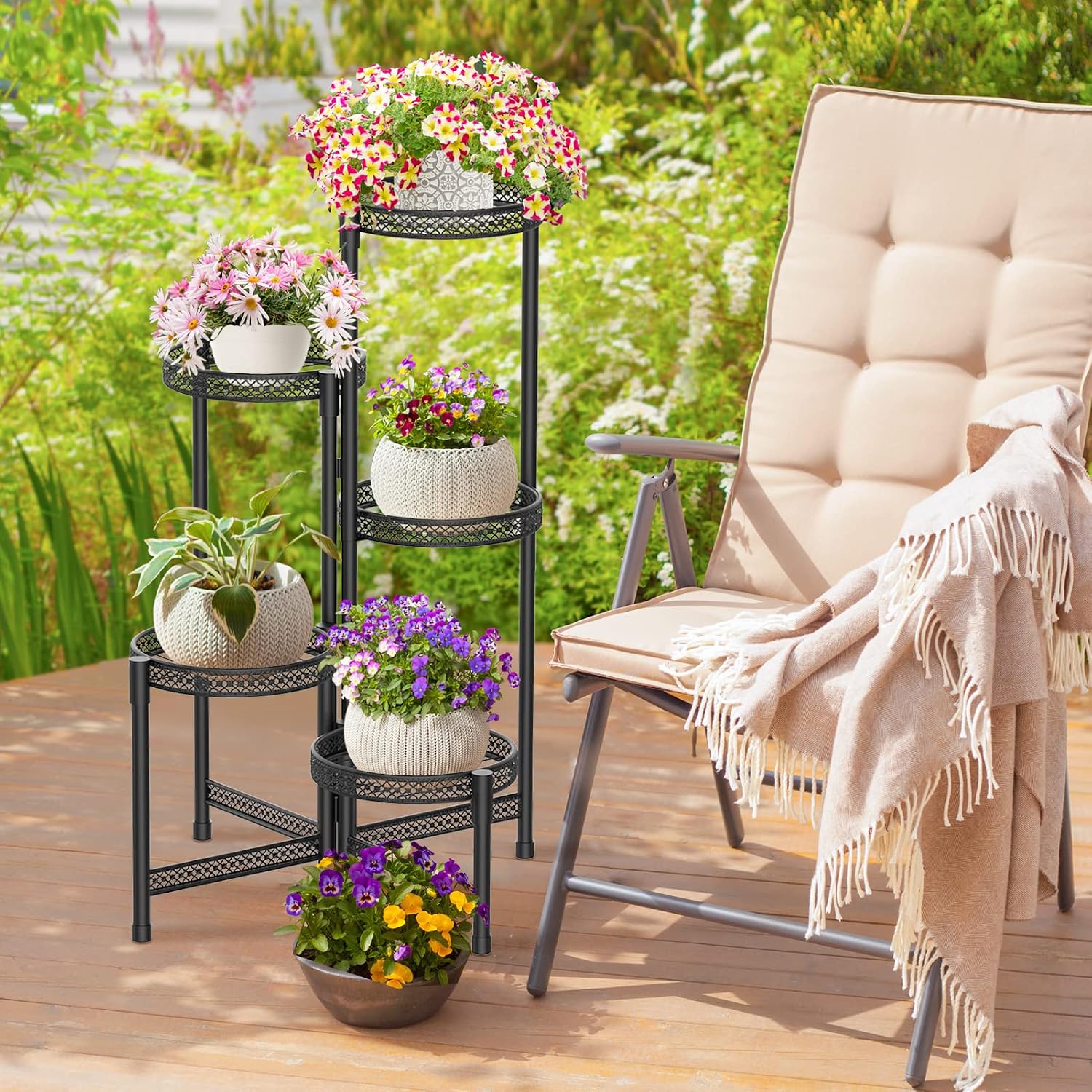 iDavosic.ly Plant Stand Indoor Outdoor, 5 Tier Iron Corner Shelf, Black | Tiered Tall Flower Display Holder, Folding