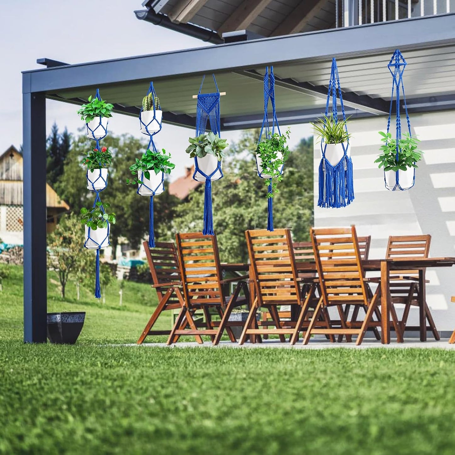 Macrame Plant Hangers / Navy Blue / Set of 6