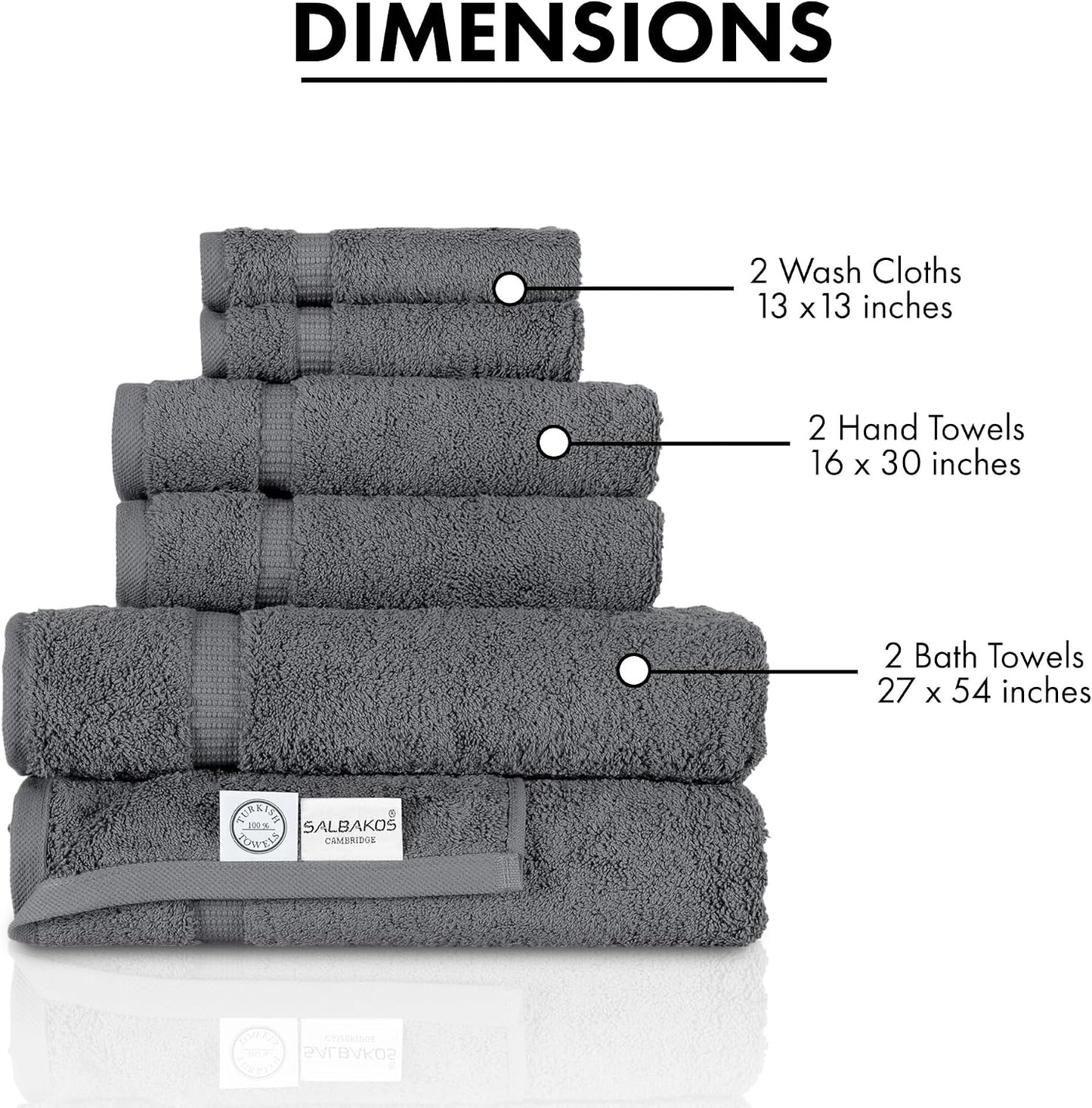 SALBAKOS 100% Turkish Cotton Bathroom Towel Set of 6-Piece, Gray | 630 Gsm Thick Super Soft Highly Absorbent 2 Bath + 2