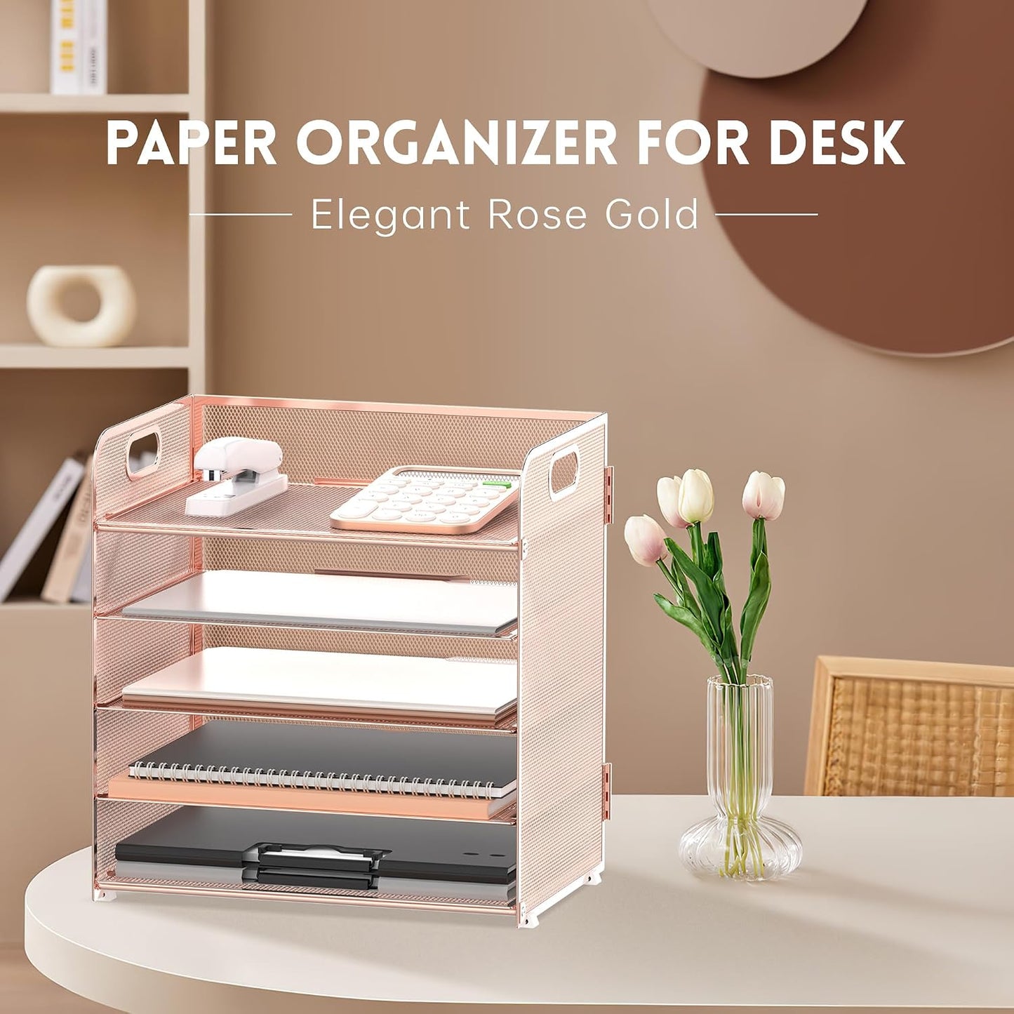 5 Trays Paper Organizer Letter Tray with Handle-Mesh Desk File Organizer, Paper Sorter Desk Organizer for Office, Home