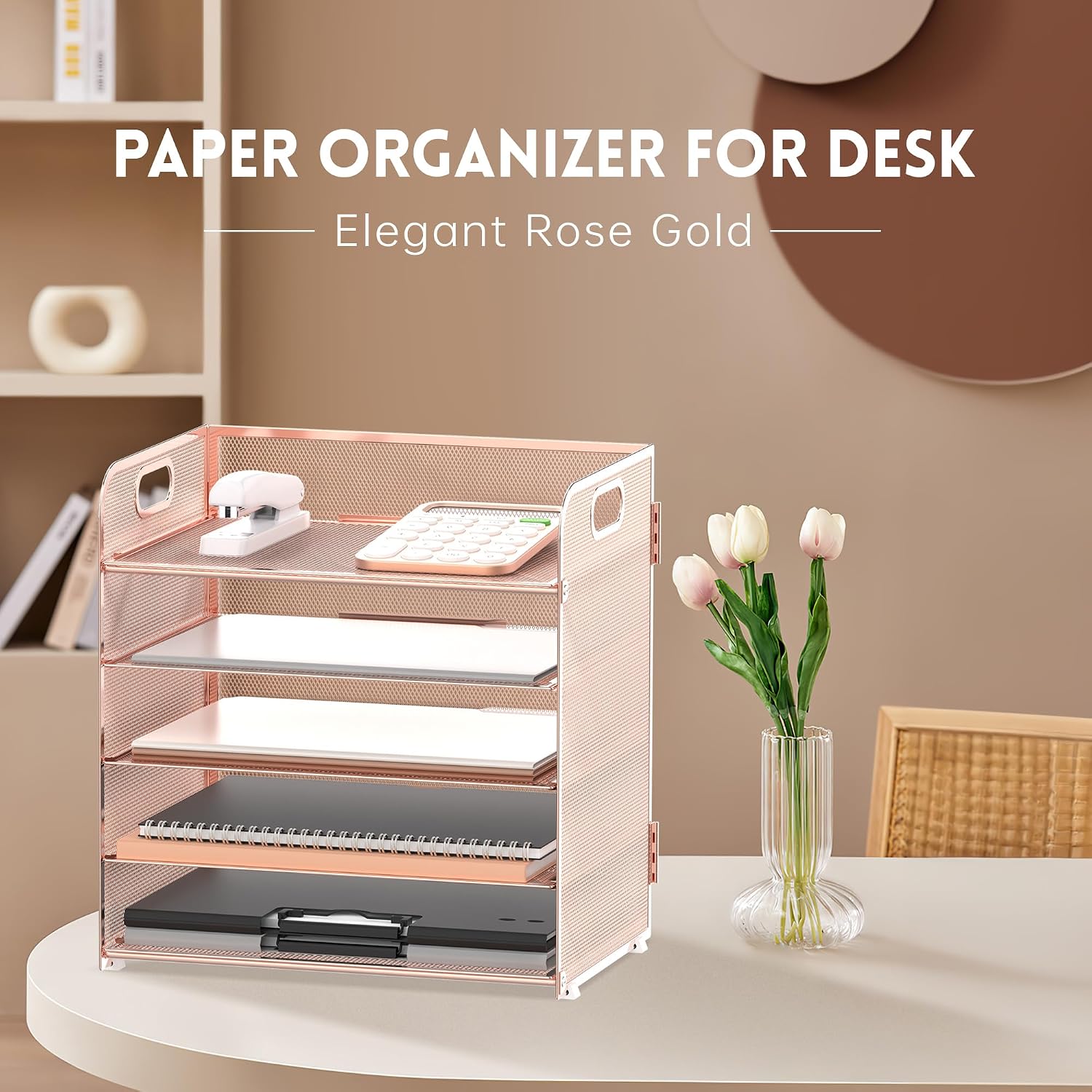 5 Trays Paper Organizer Letter Tray with Handle-Mesh Desk File Organizer, Paper Sorter Desk Organizer for Office, Home