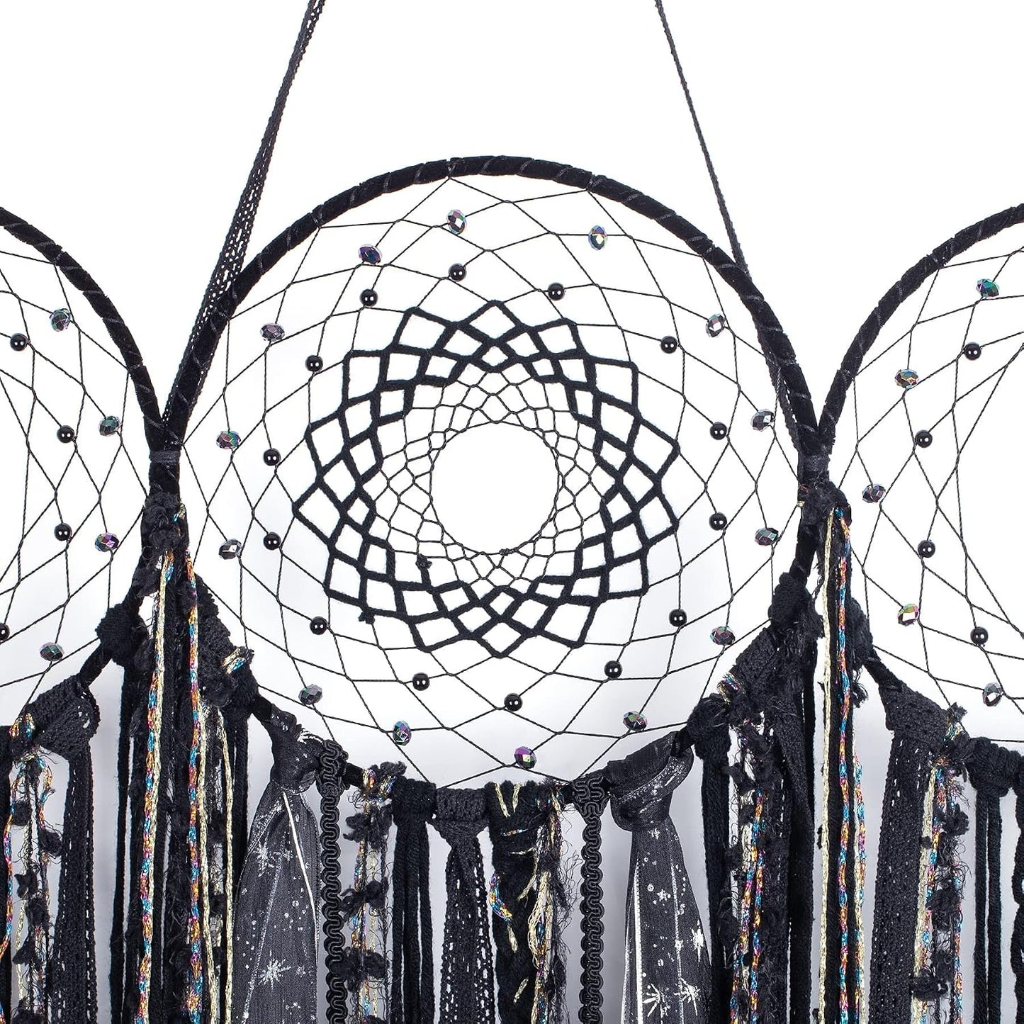 Black Triple Moon Goddess Macrame Wall Hanging / Shadow Black