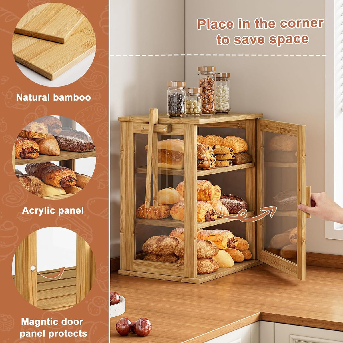 WOWLIVE Bread Box for Kitchen Countertop, 3 Layers Bread Storage Container | Large Bamboo Bread Bin for Homemade Bread