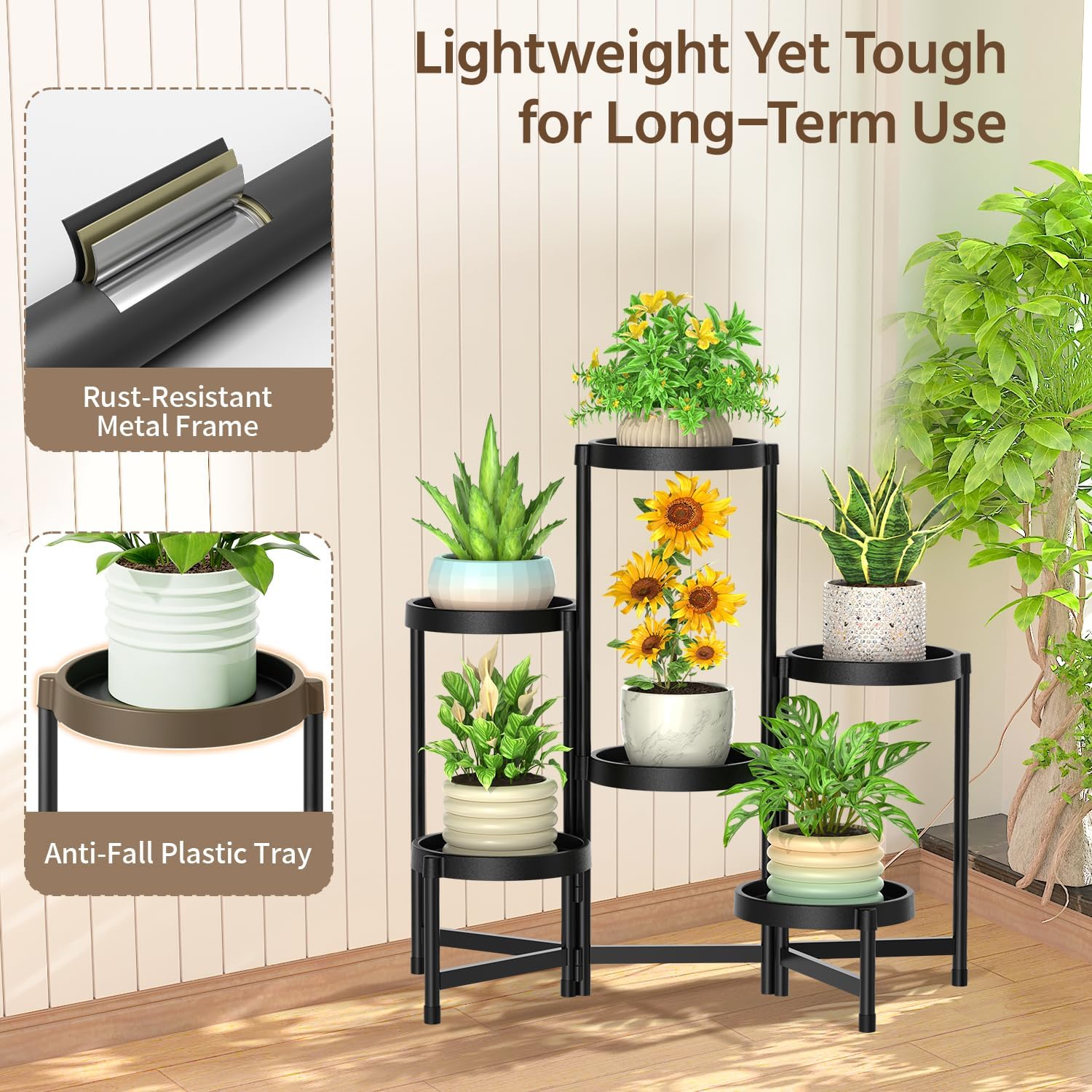 LASZOLA Plant Stand Indoor Outdoor Tall with Plastic Tray, 6 Tiers Black | Corner Folding Flower Display Rack, Modern