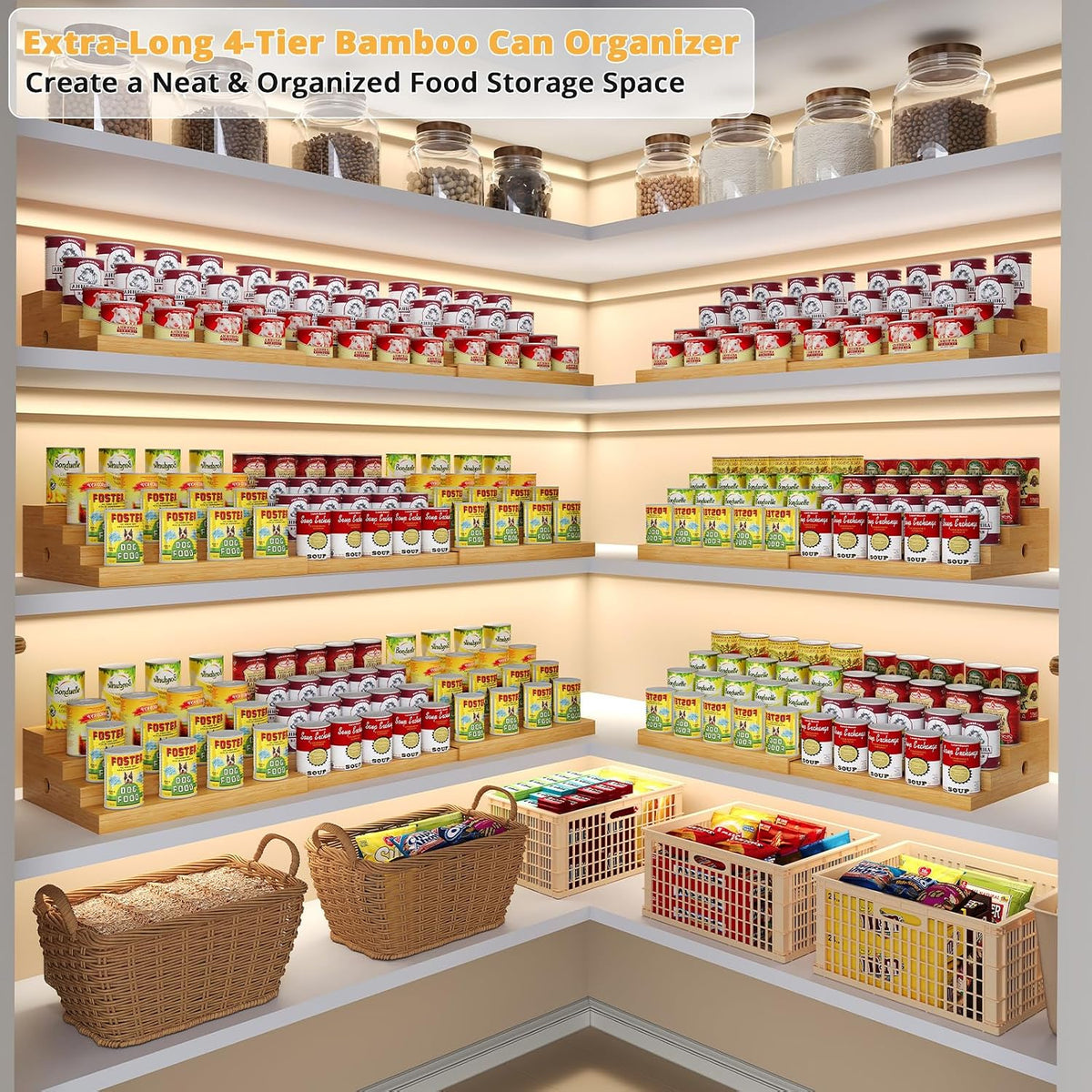 4-Tier Extra-Long Expandable Can Rack, Adjustable Bamboo Organizer for Pantry, Can Storage Holder for Pantry Shelf &