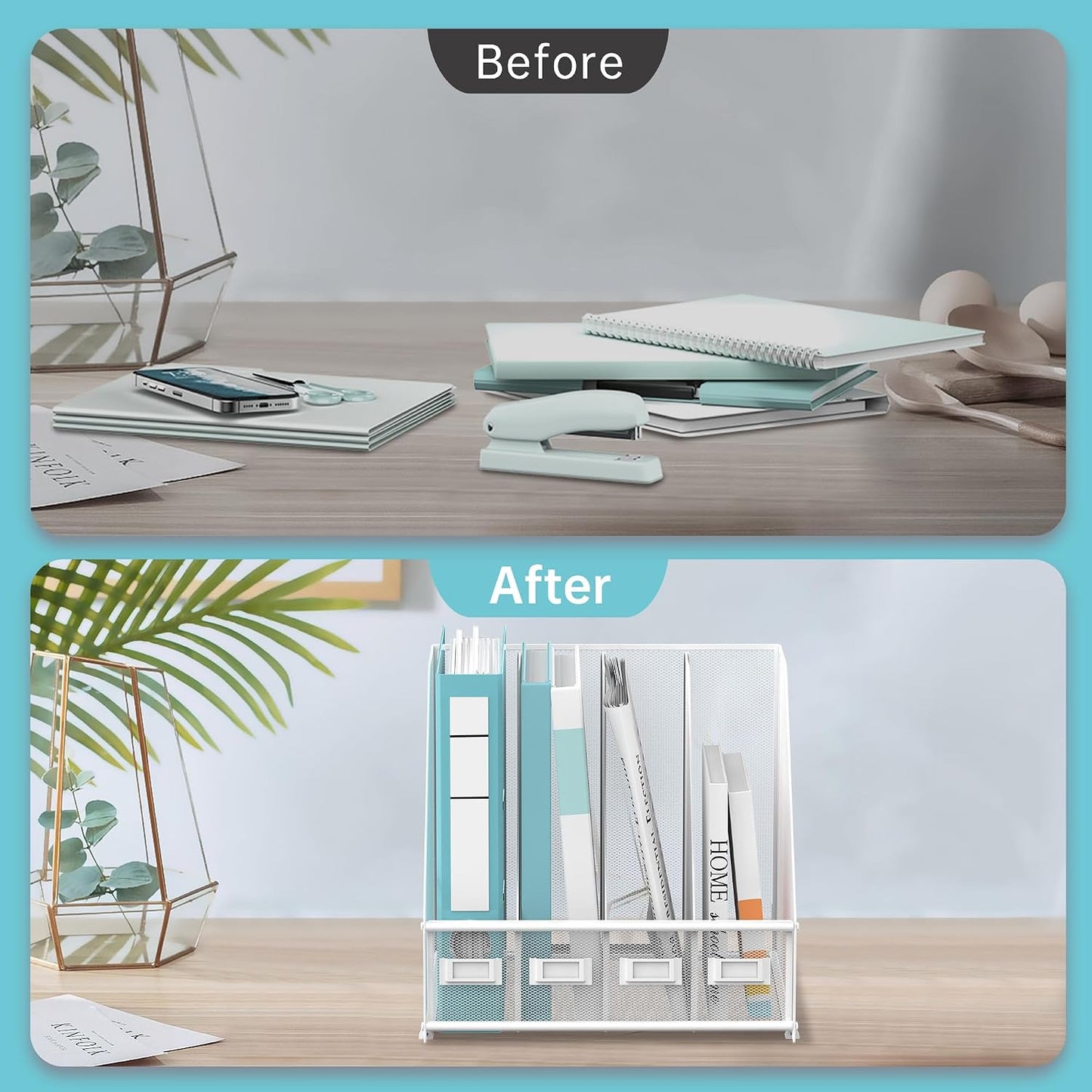 4-Compartment Magazine File Holder and File Organizer for Desk, White | Metal Magazine Holder and Magazine File Holder