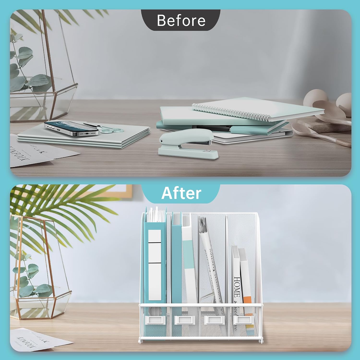 4-Compartment Magazine File Holder and File Organizer for Desk, White | Metal Magazine Holder and Magazine File Holder